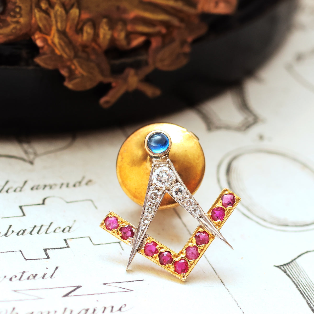 Vintage Jewelled Masonic Square & Compass Pin