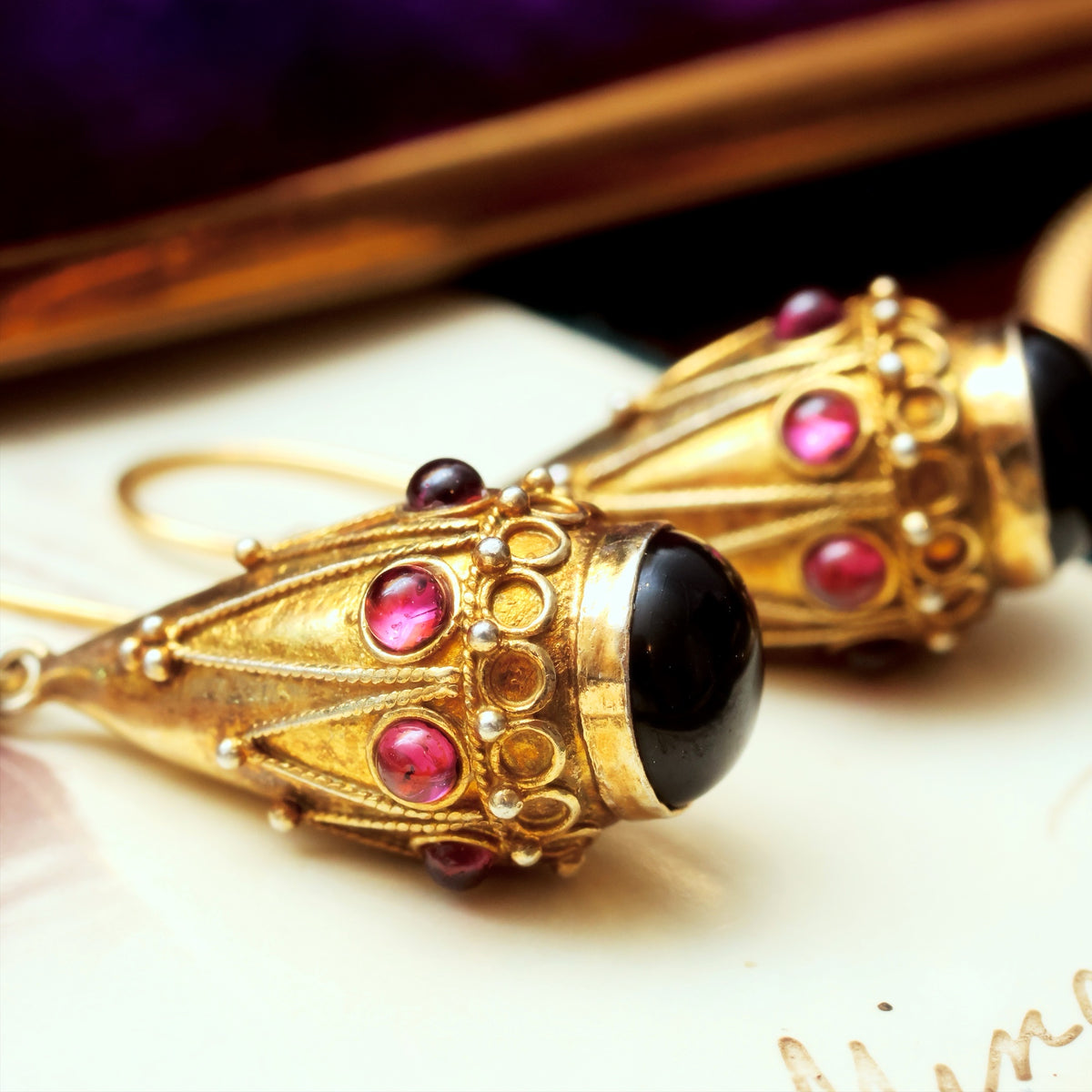 Victorian Etruscan Revival 15ct Gold Garnet Earrings