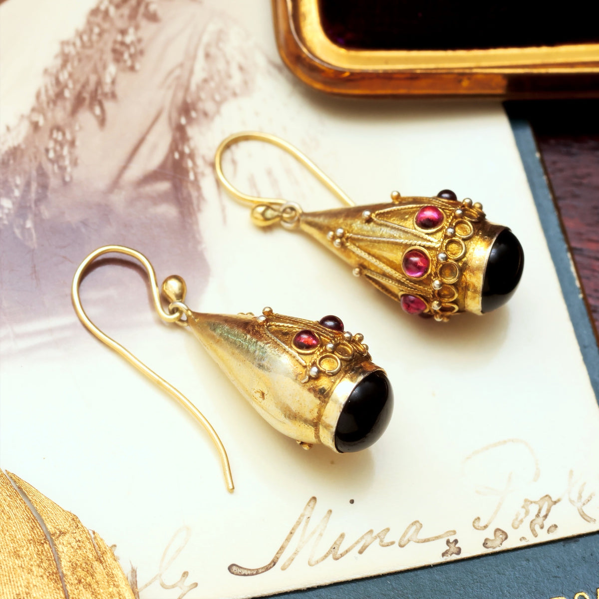 Victorian Etruscan Revival 15ct Gold Garnet Earrings