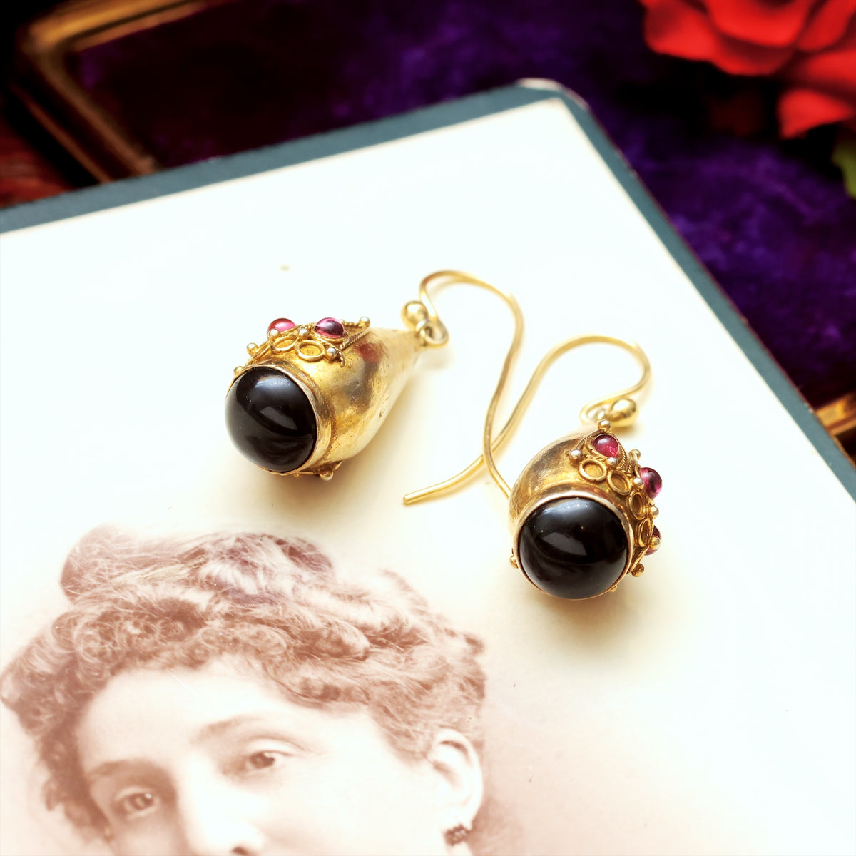 Victorian Etruscan Revival 15ct Gold Garnet Earrings