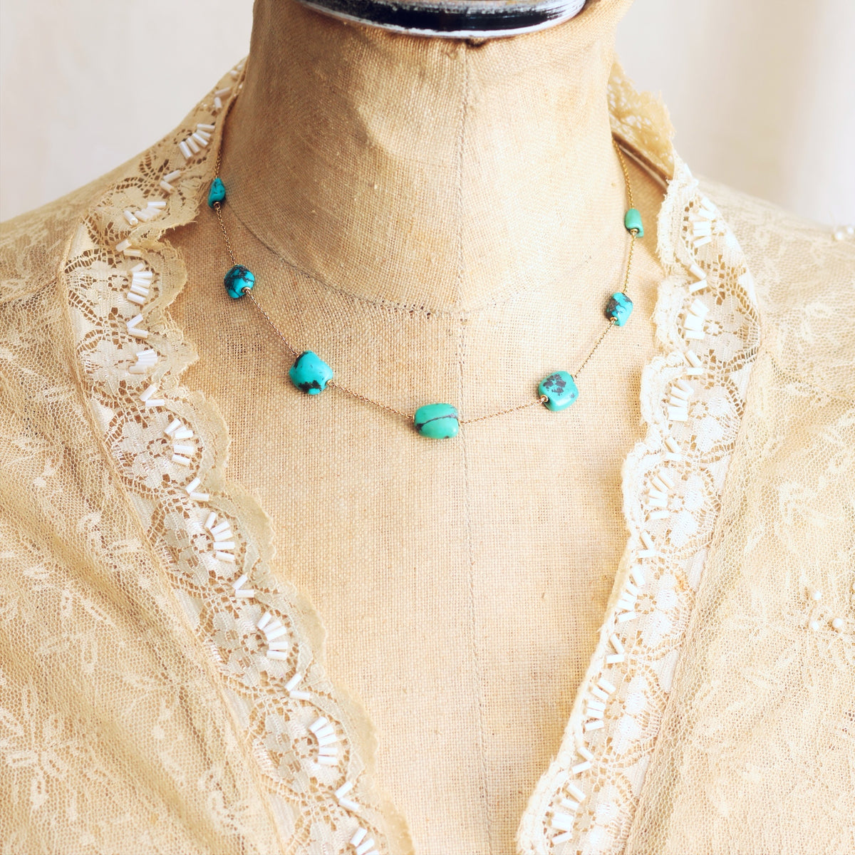 Antique Turquoise Nugget & 9ct Gold Chain Necklace