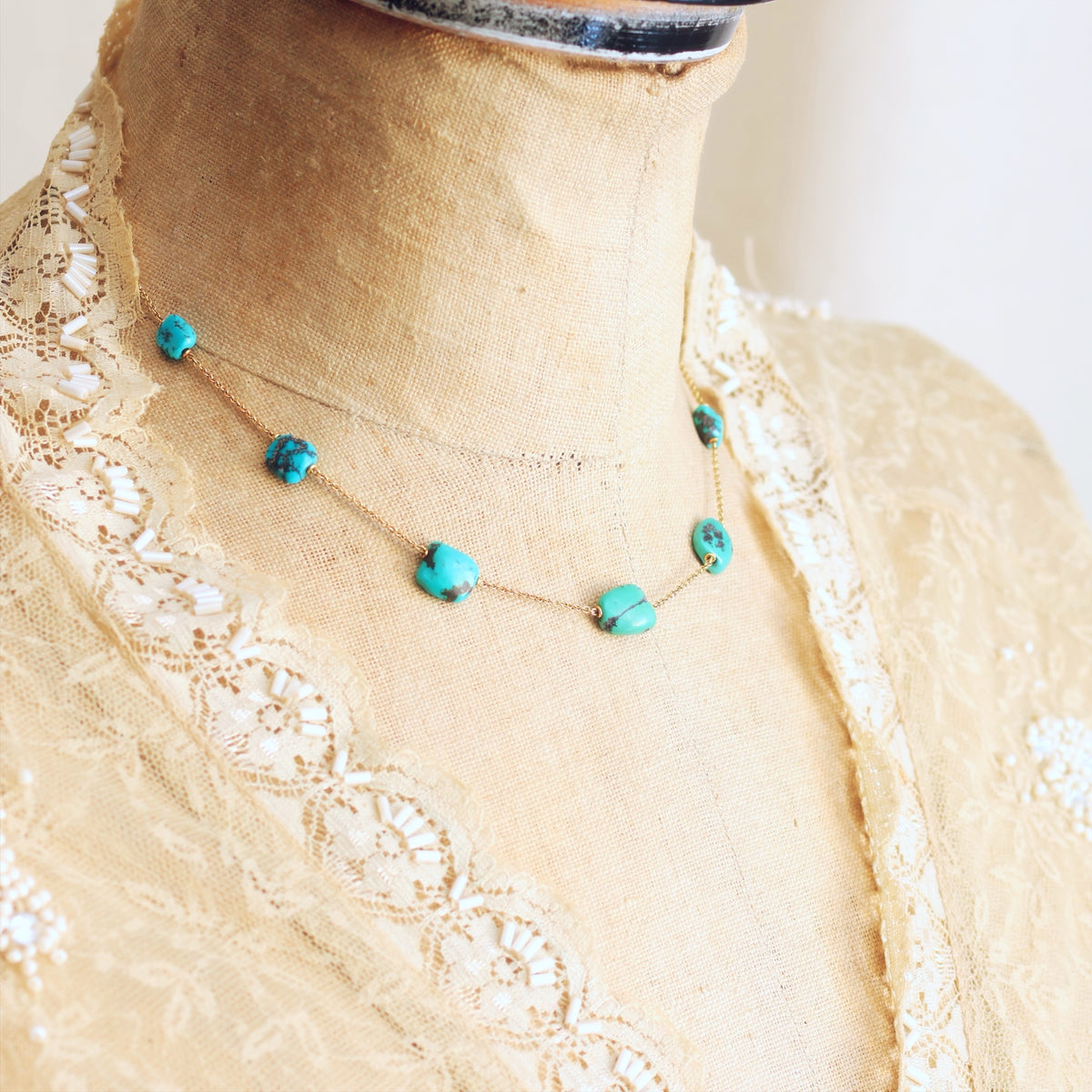 Antique Turquoise Nugget & 9ct Gold Chain Necklace