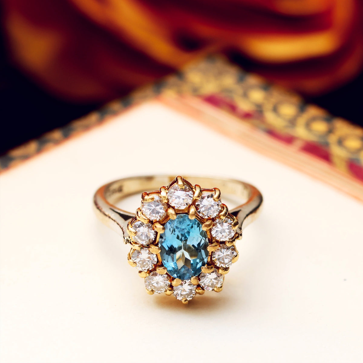 Date 1974 Aquamarine & Diamond Cluster Cocktail Ring