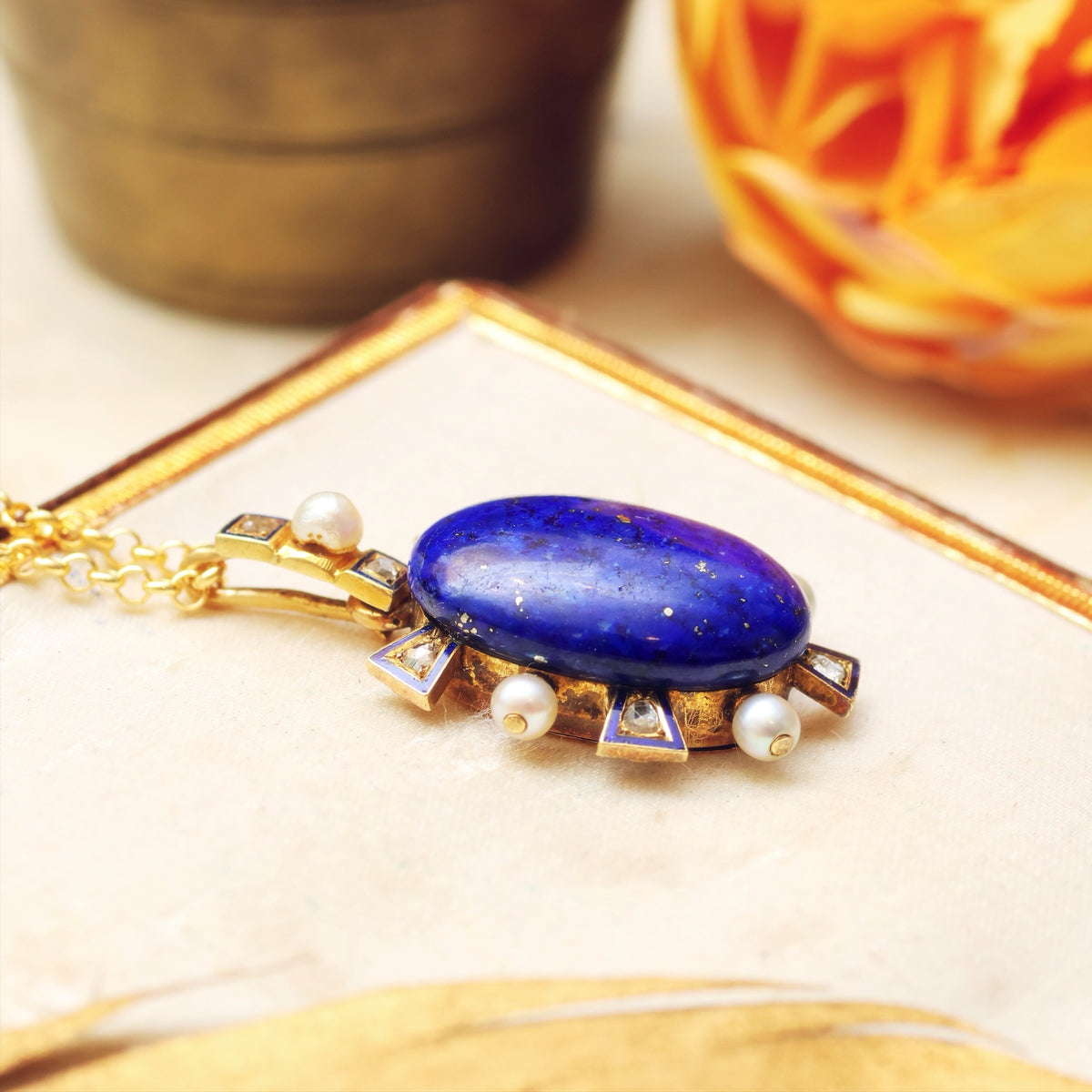 Antique Victorian Lapis, Diamond & Wild Pearl Locket