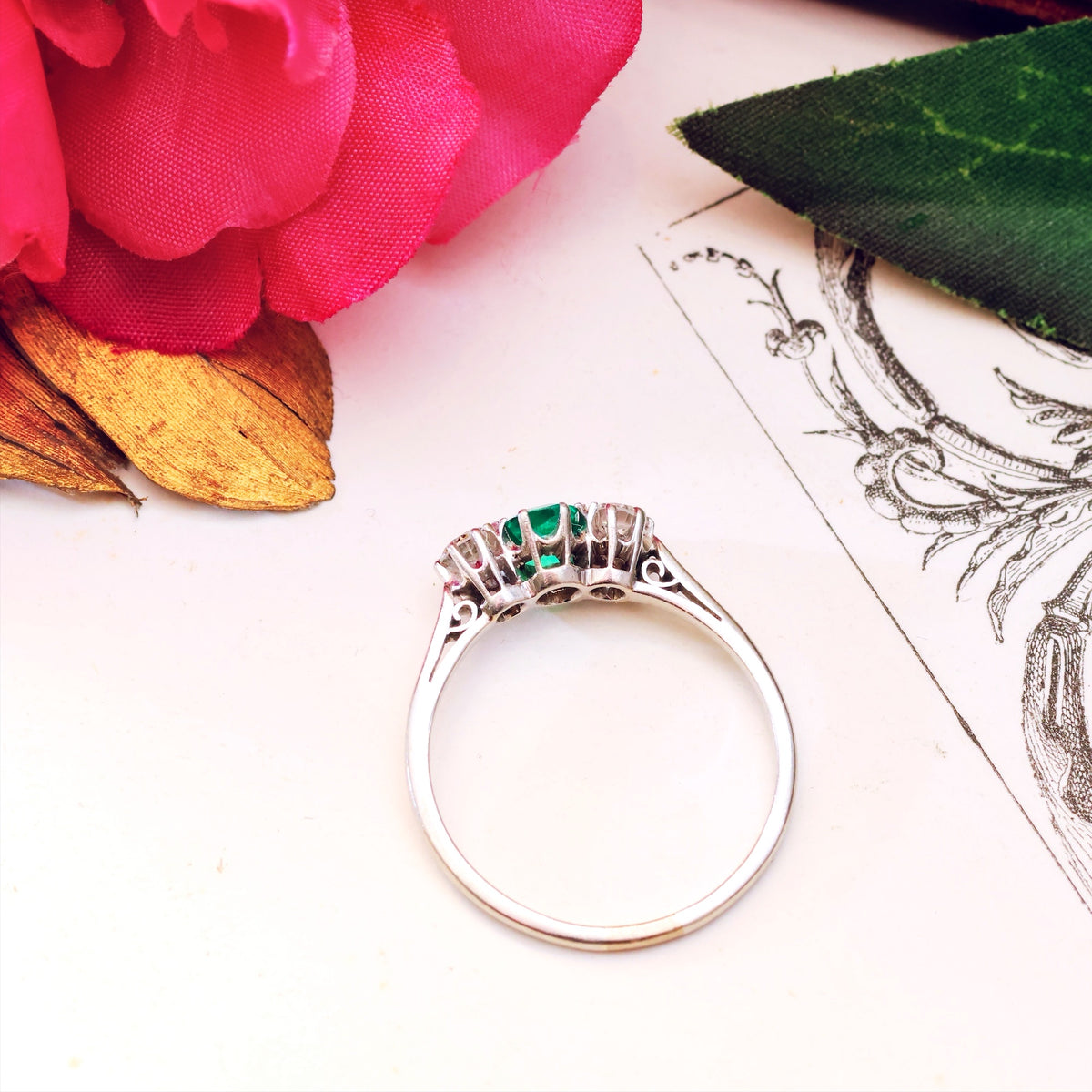 Vintage Emerald & Diamond Trilogy Engagement Ring