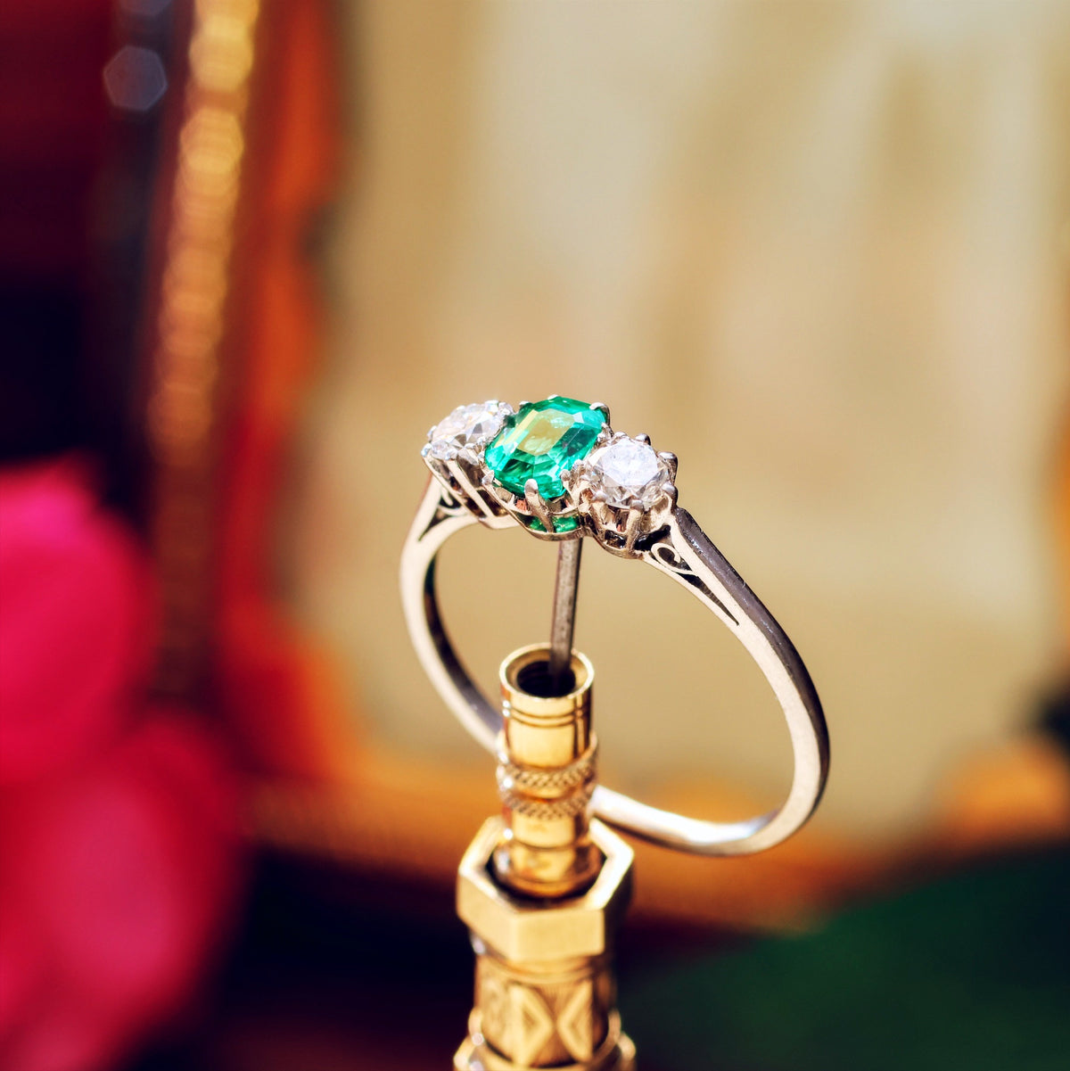 Vintage Emerald & Diamond Trilogy Engagement Ring