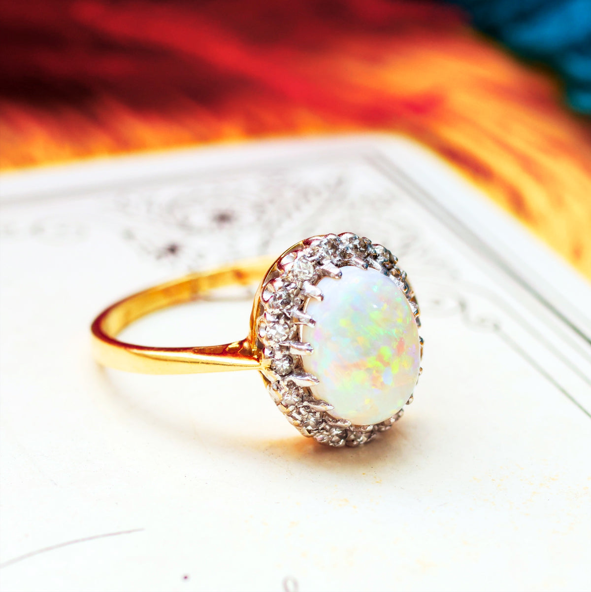 Date 1976 Rainbow Opal & Diamond Cluster Ring