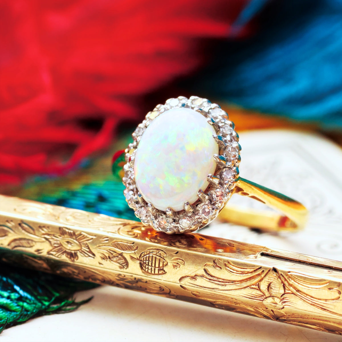 Date 1976 Rainbow Opal & Diamond Cluster Ring