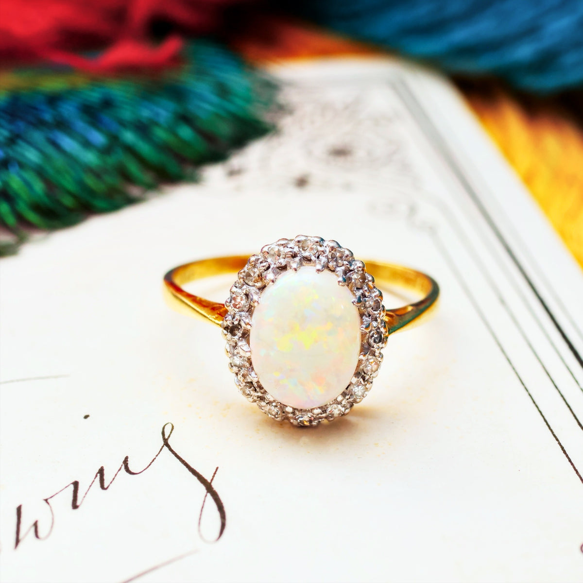 Vintage 18ct Gold Opal & Diamond Cluster Ring