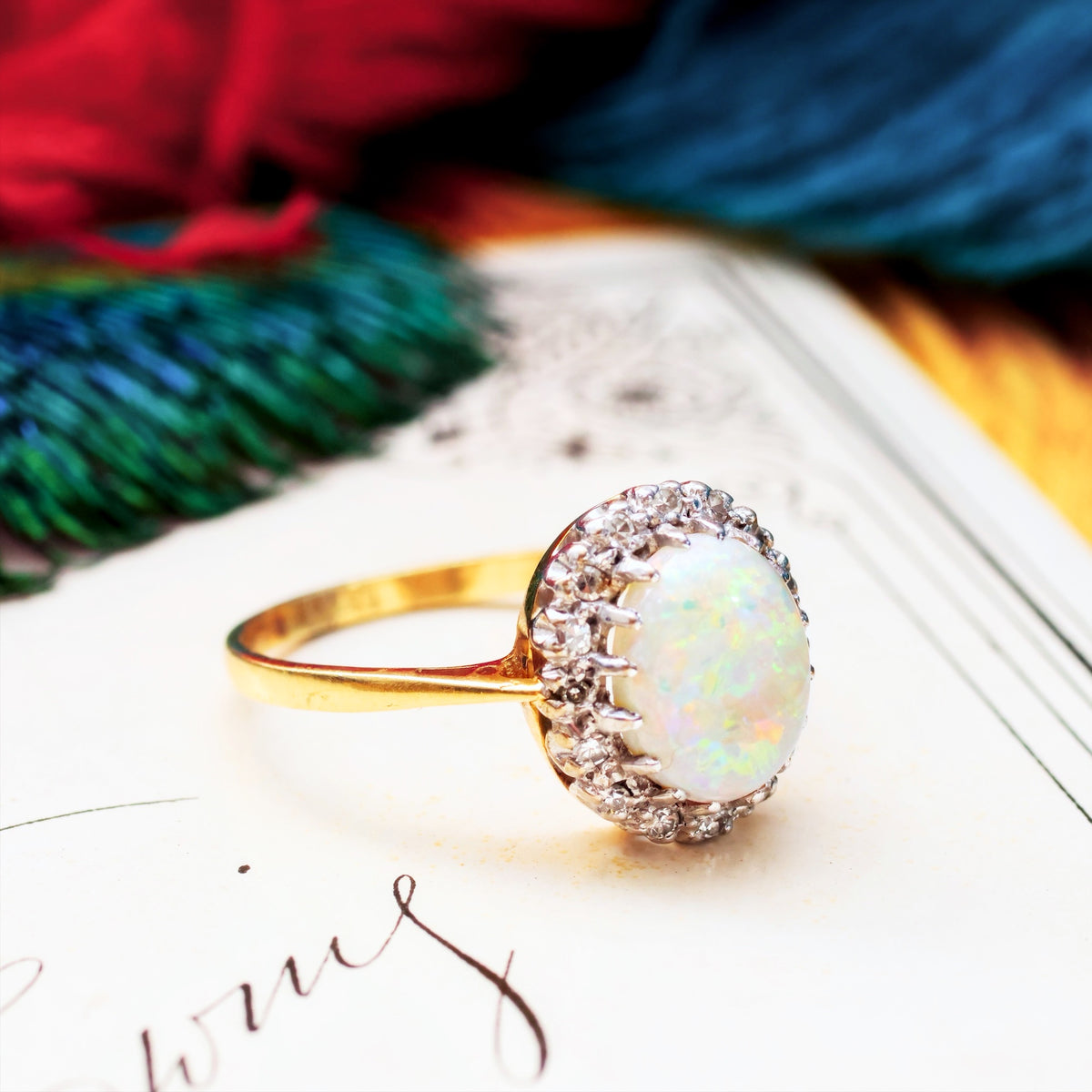 Date 1976 Rainbow Opal & Diamond Cluster Ring