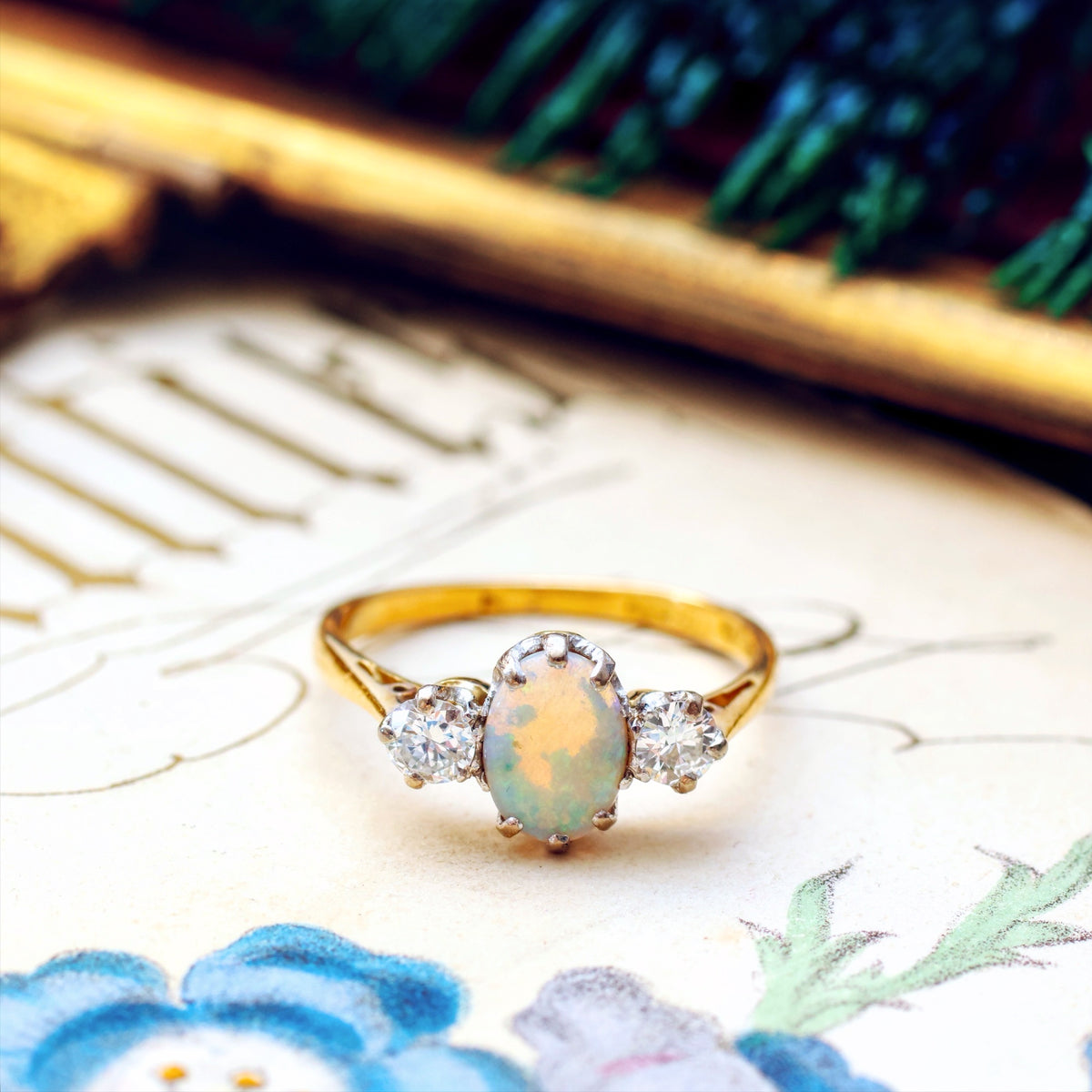 Adorable Vintage Opal & Diamond Trilogy Ring