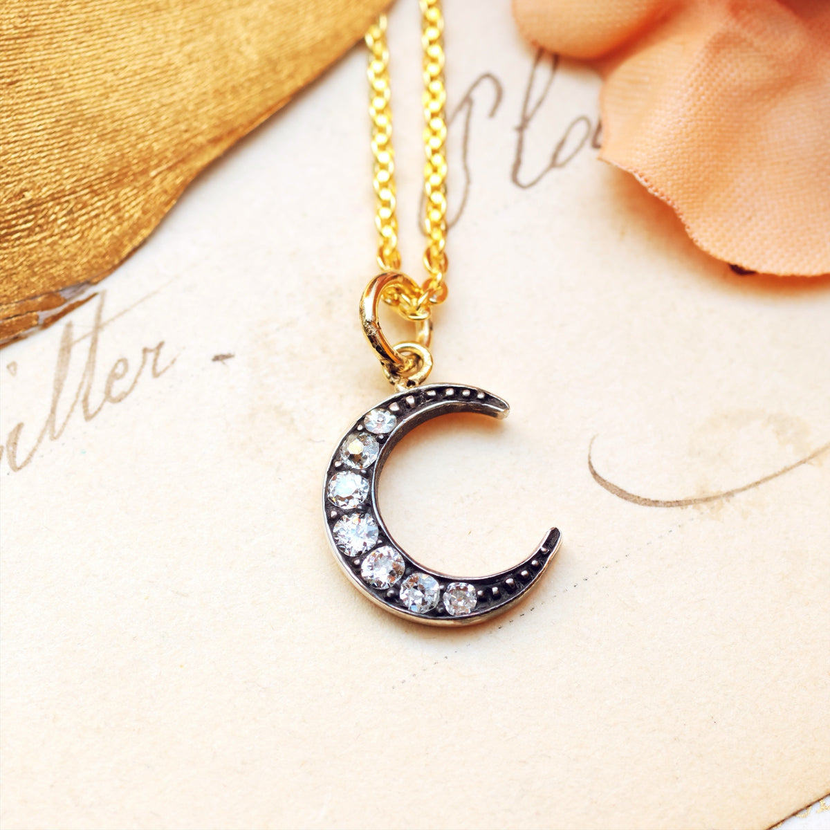 Magical Antique Diamond Crescent Moon Pendant