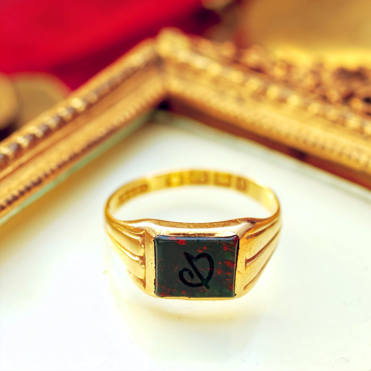 Antique Date 1902 Initial 'D' Bloodstone Intaglio Ring