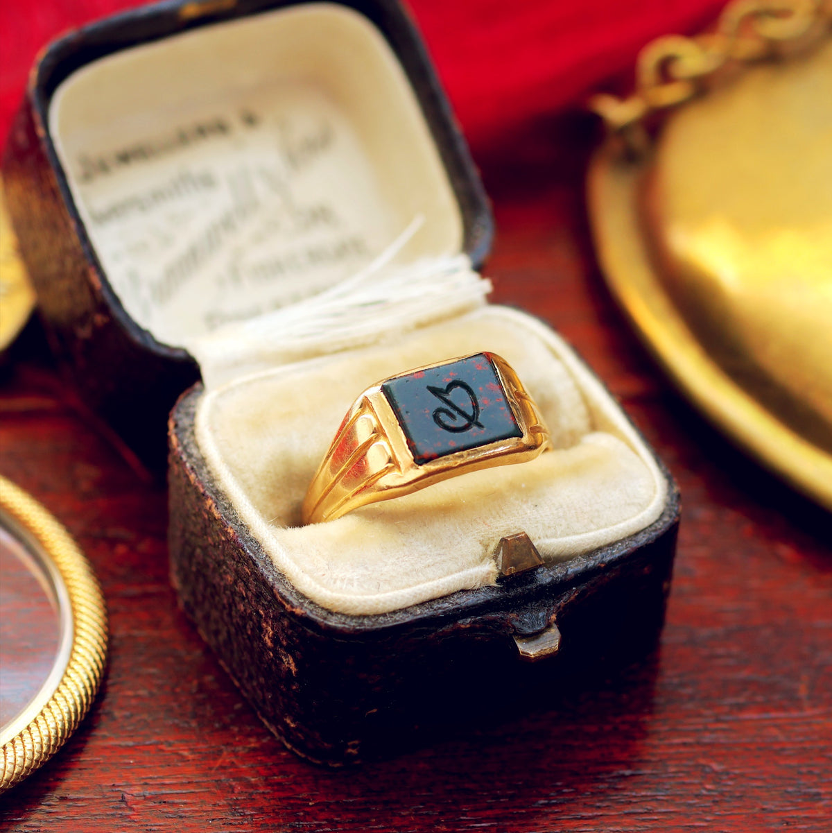 Antique Date 1902 Initial 'D' Bloodstone Intaglio Ring