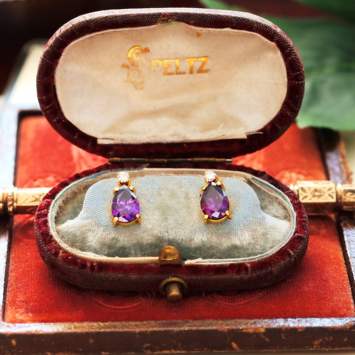 Vintage 18ct Gold Purple Amethyst & Diamond Earrings