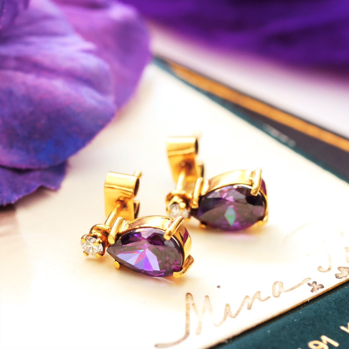 Vintage 18ct Gold Purple Amethyst & Diamond Earrings