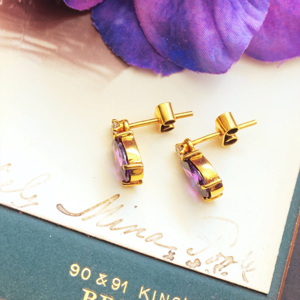 Vintage 18ct Gold Purple Amethyst & Diamond Earrings