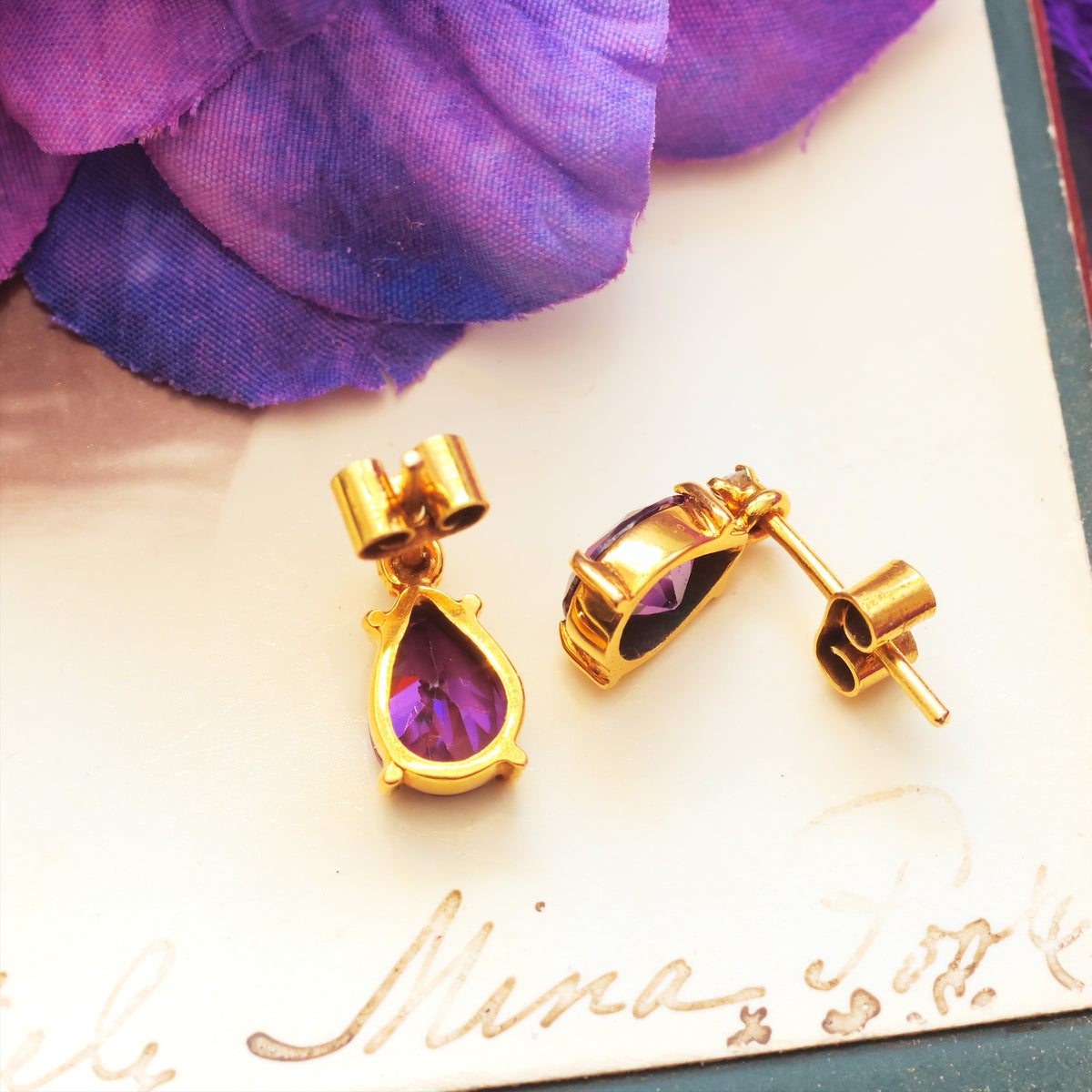 Vintage 18ct Gold Purple Amethyst & Diamond Earrings