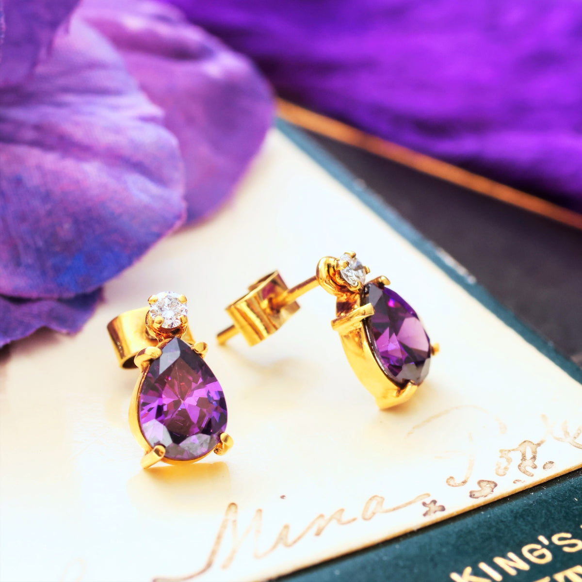 Vintage 18ct Gold Purple Amethyst & Diamond Earrings