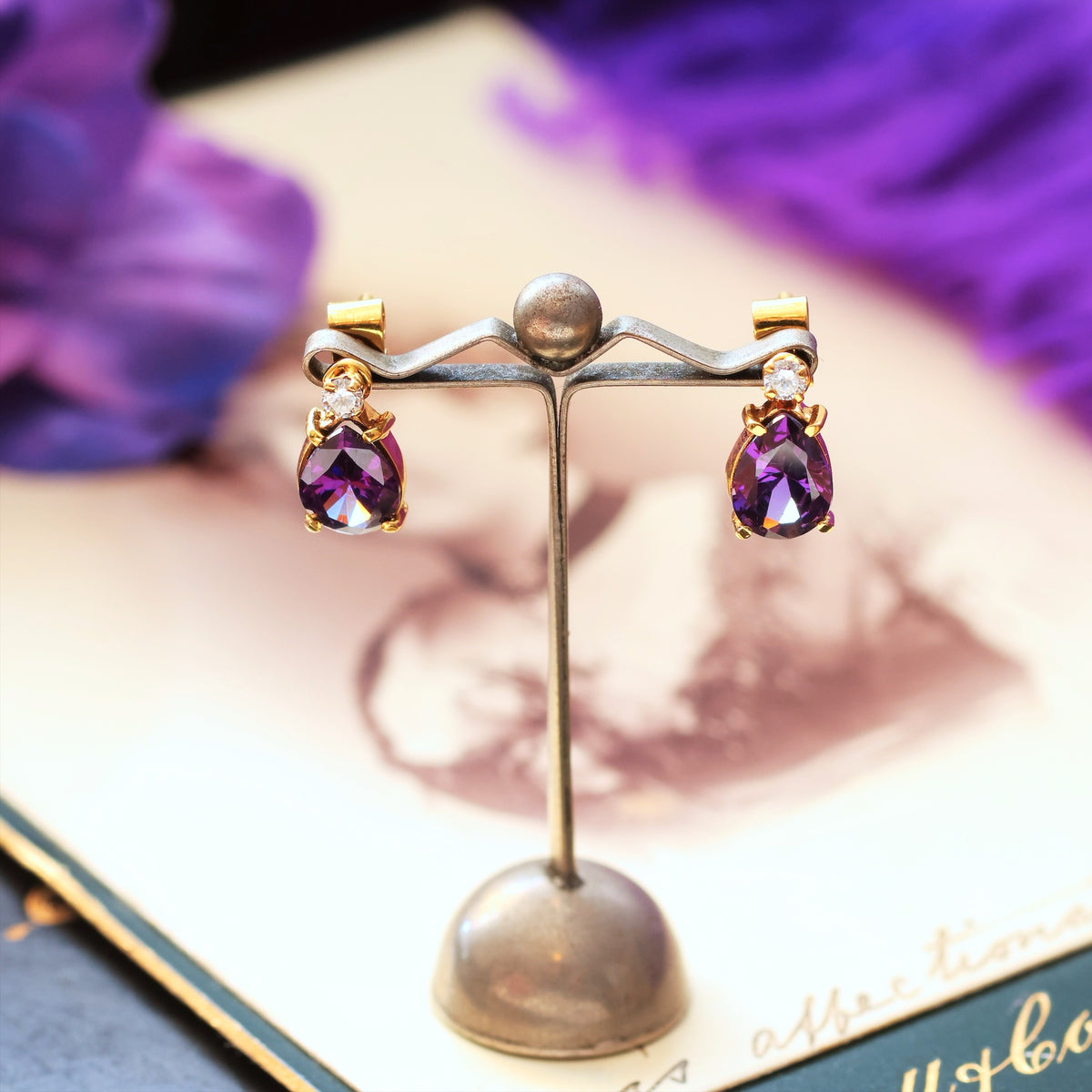 Vintage 18ct Gold Purple Amethyst & Diamond Earrings