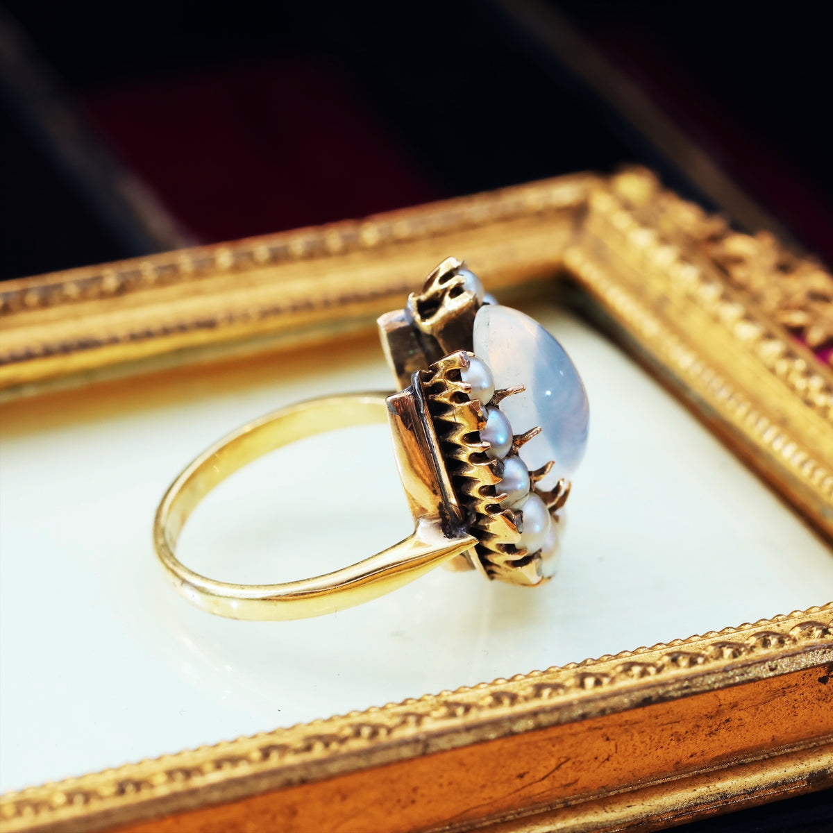 Dreamy Antique Moonstone & Pearl Horseshoe Ring