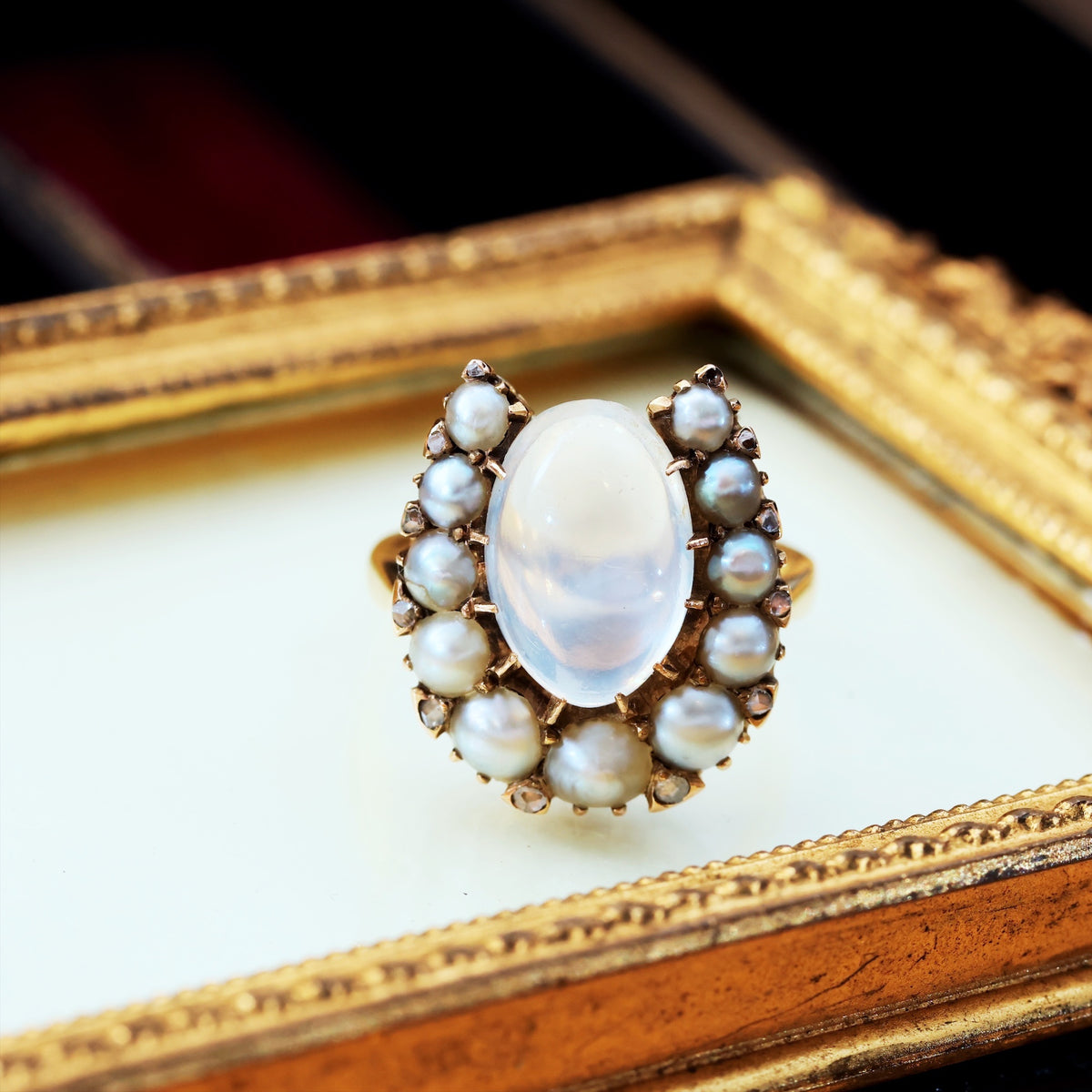 Dreamy Antique Moonstone & Pearl Horseshoe Ring