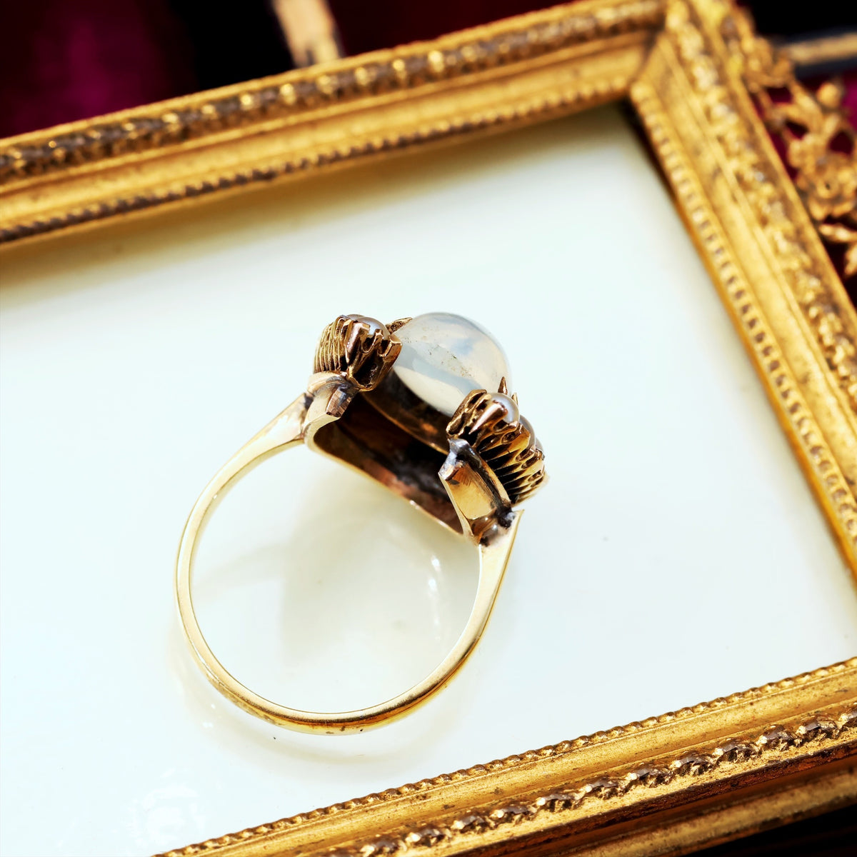 Dreamy Antique Moonstone & Pearl Horseshoe Ring