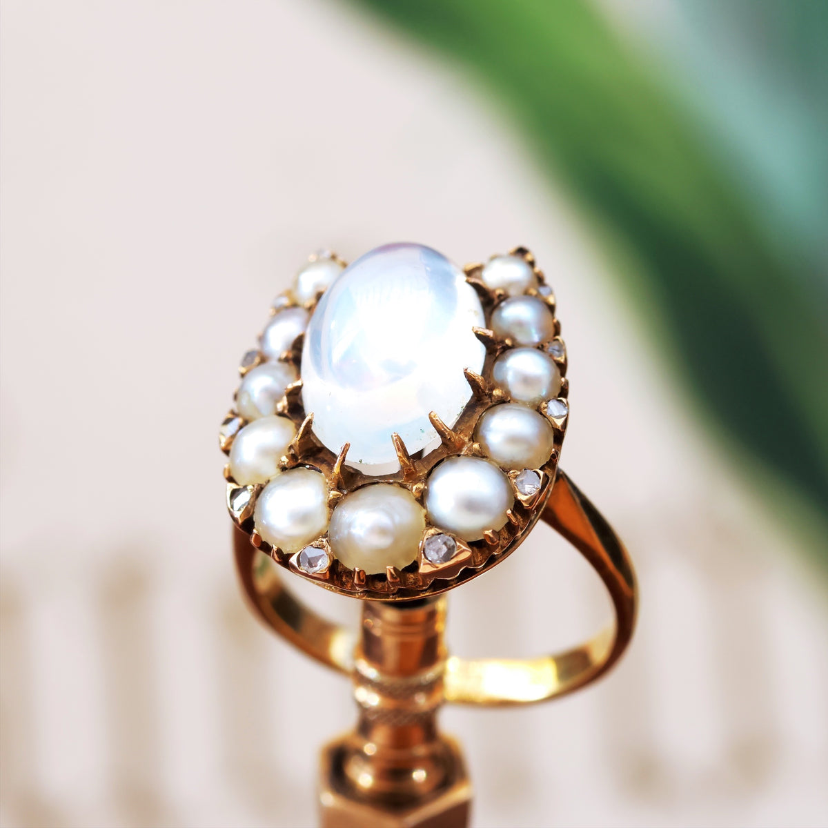 Dreamy Antique Moonstone & Pearl Horseshoe Ring