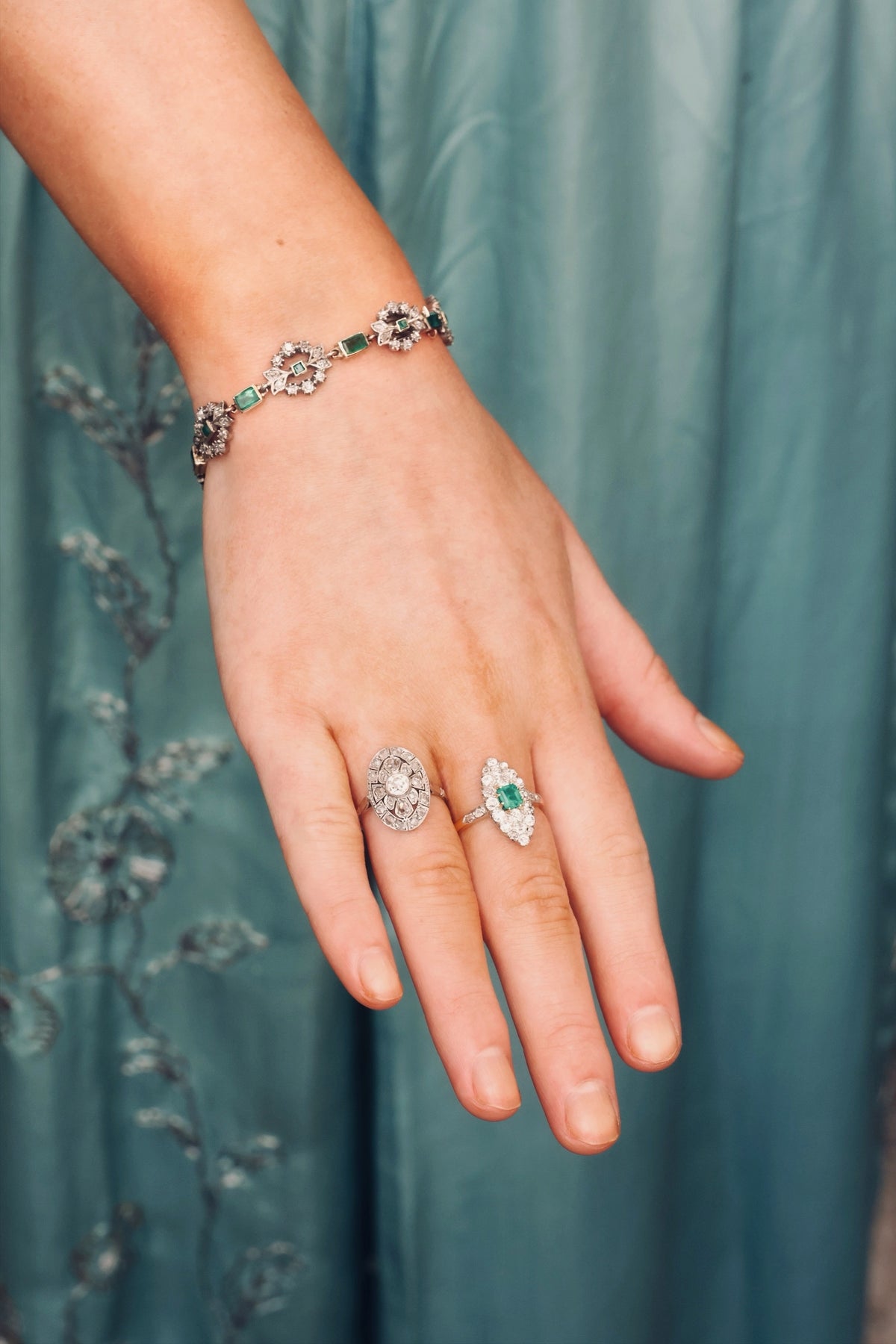 Utterly Charming Edwardian Emerald and Diamond Navette Cluster Ring