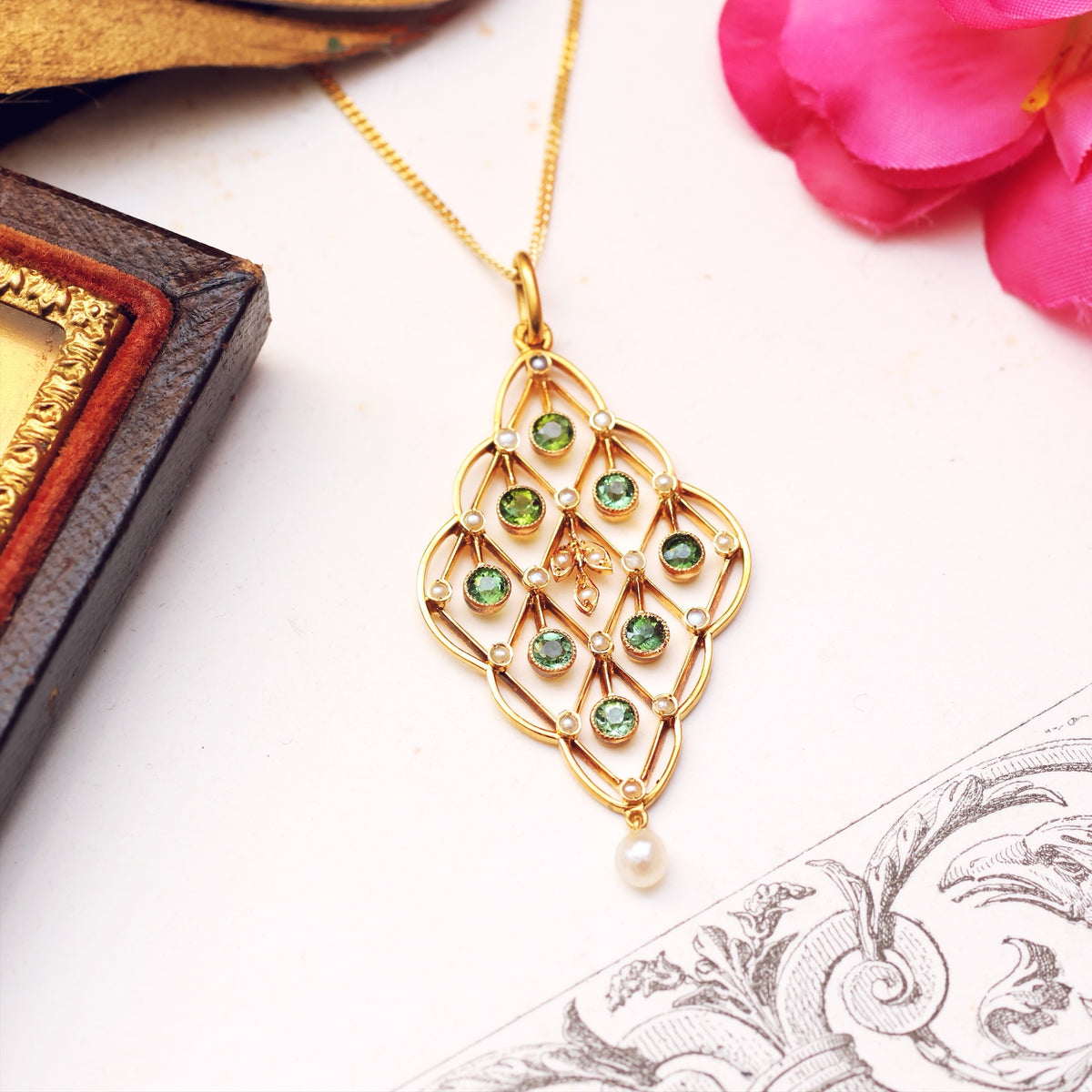 Fine Lovely Edwardian Tourmaline & Seed Pearl Pendant