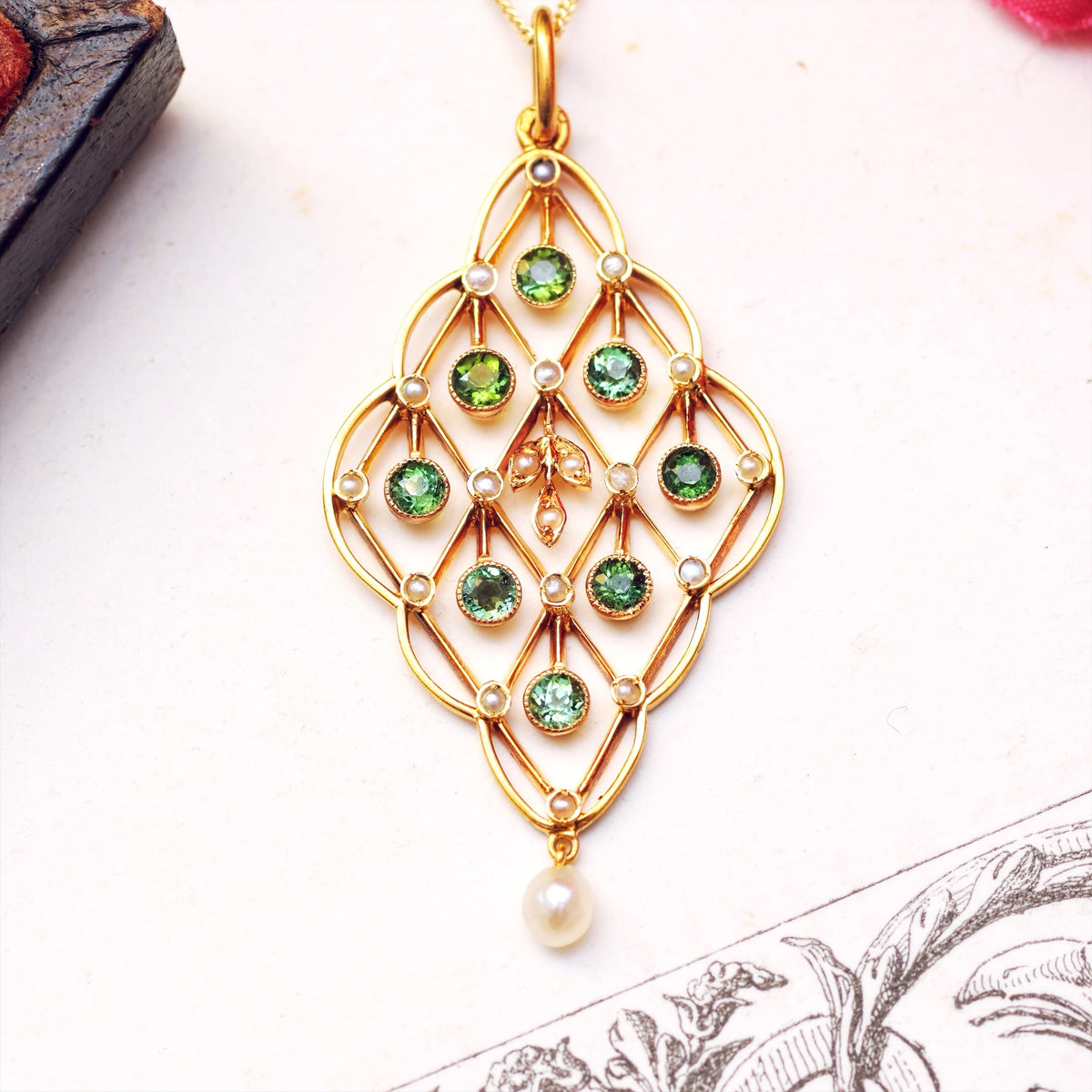 Fine Lovely Edwardian Tourmaline & Seed Pearl Pendant