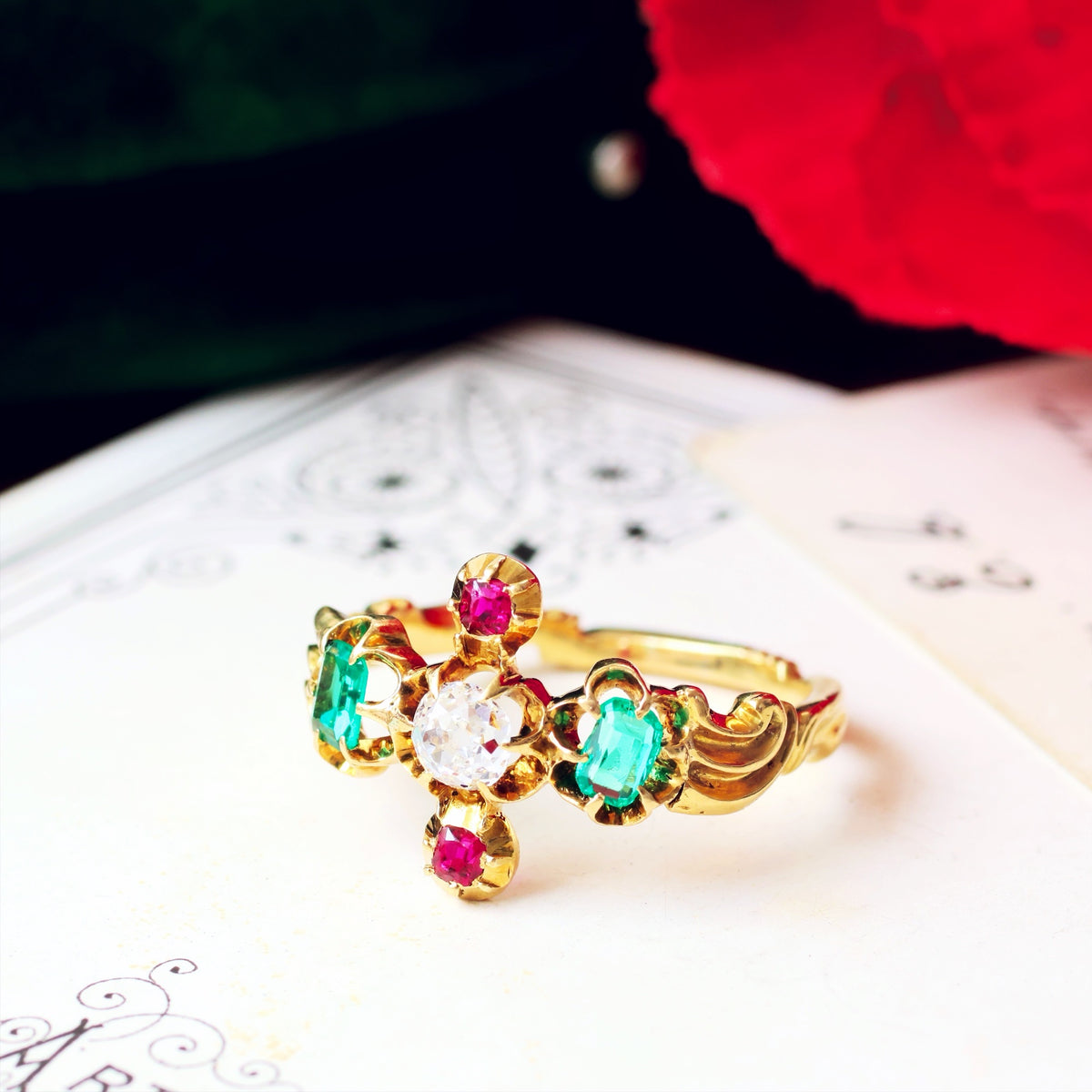 Antique Georgian Diamond, Ruby & Emerald Gold Ring