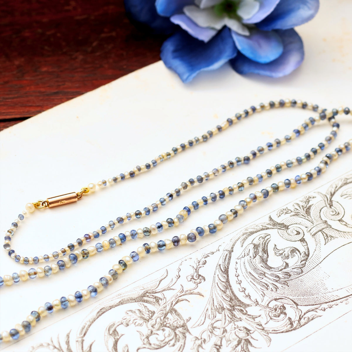 Scarce Antique Natural Pearl & Sapphire Necklace