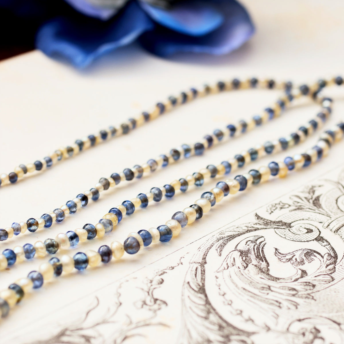 Scarce Antique Natural Pearl & Sapphire Necklace