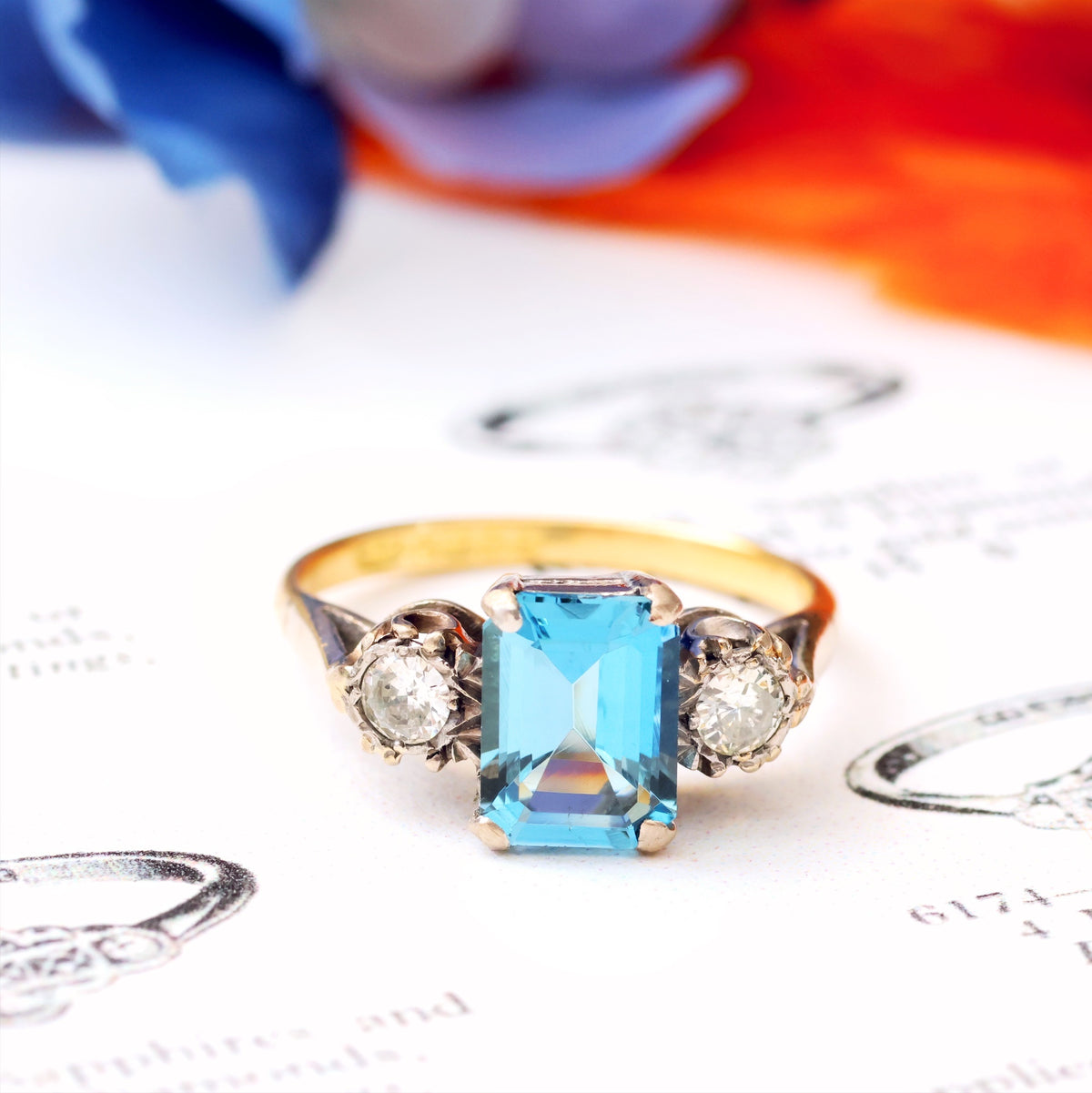 Vintage Top Quality Aquamarine & Diamond Trilogy Ring