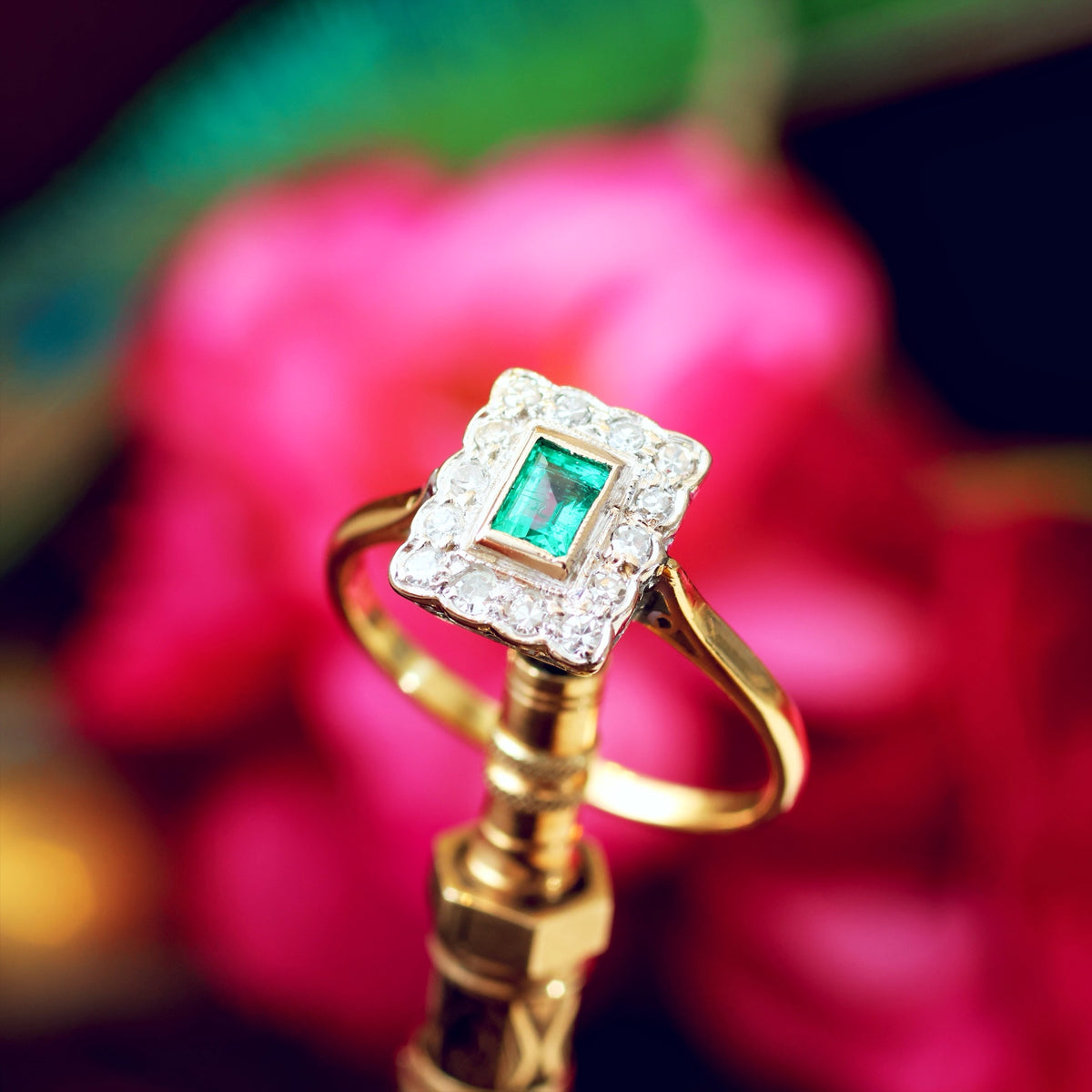 Vintage Art Deco Styled Emerald & Diamond Engagement Ring