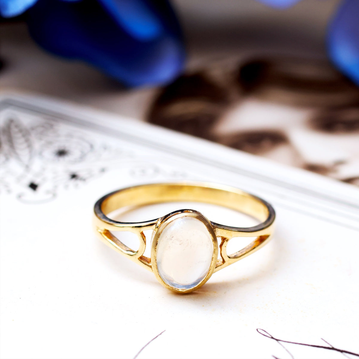 Edwardian Style 9ct Gold Blue Moonstone Ring