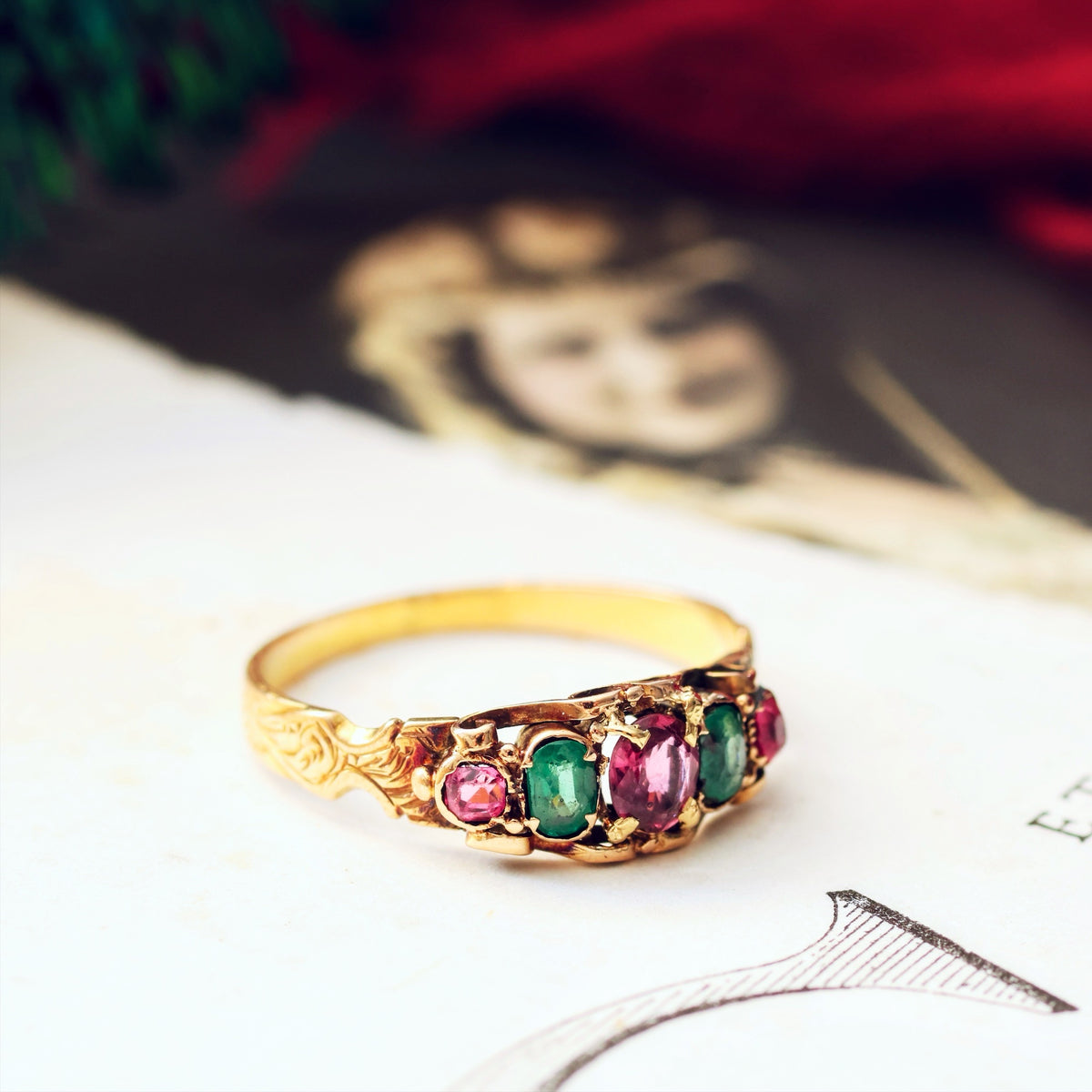 Enchanting Victorian Ruby & Emerald Canetille Ring