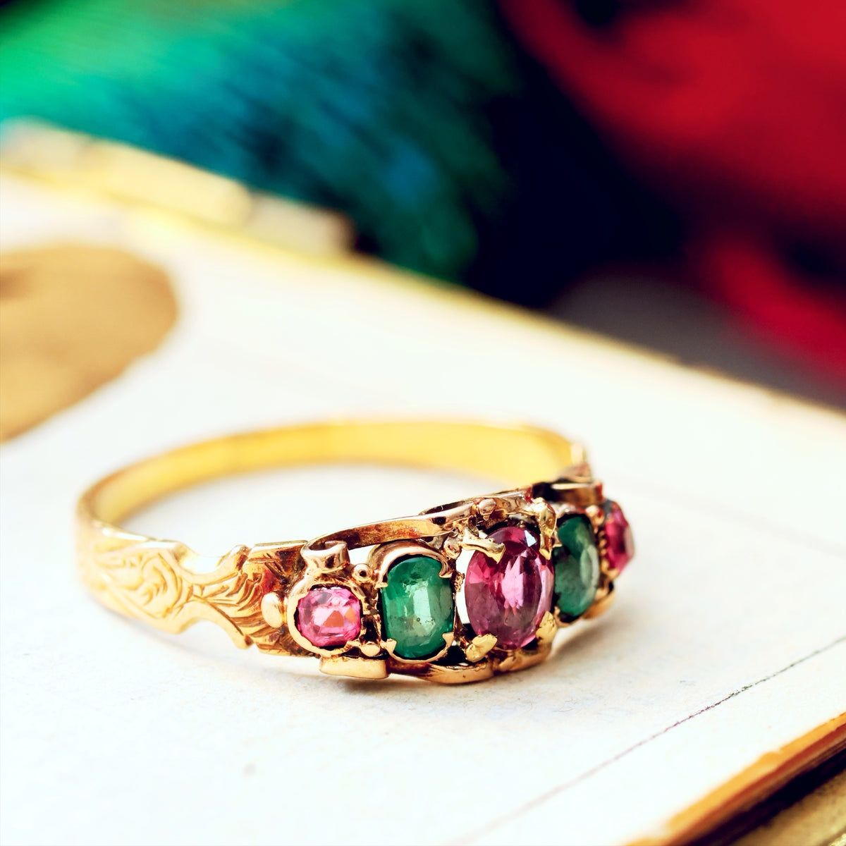 Enchanting Victorian Ruby & Emerald Canetille Ring