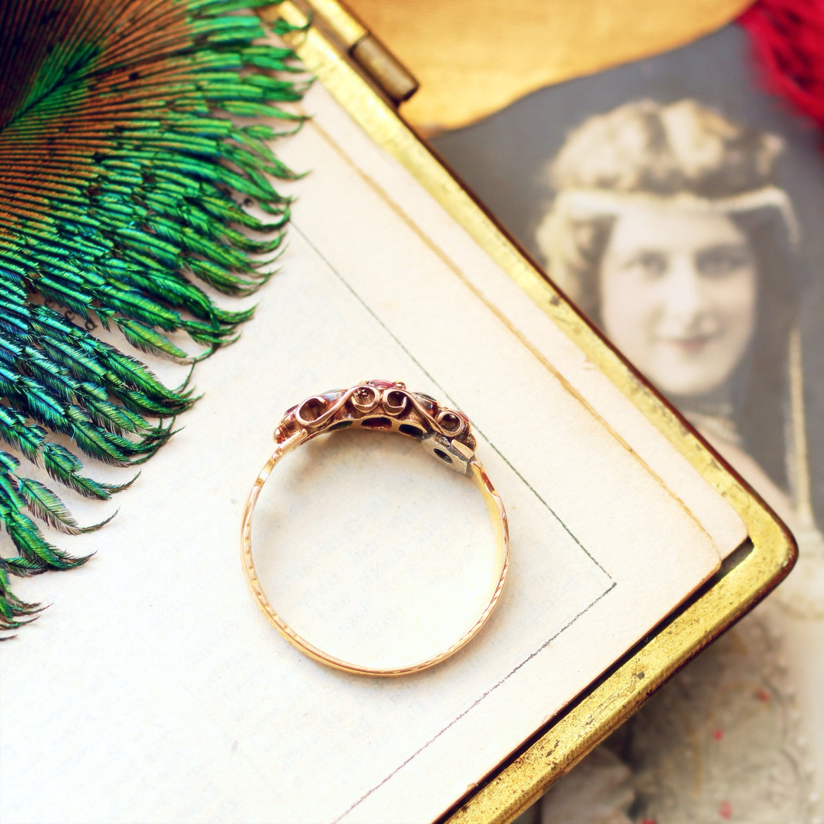 Enchanting Victorian Ruby & Emerald Canetille Ring