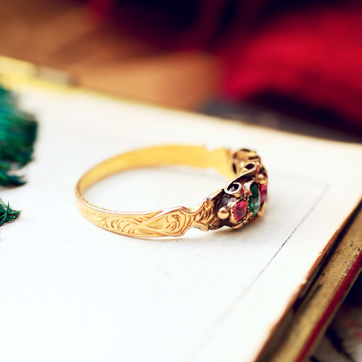 Enchanting Victorian Ruby & Emerald Canetille Ring