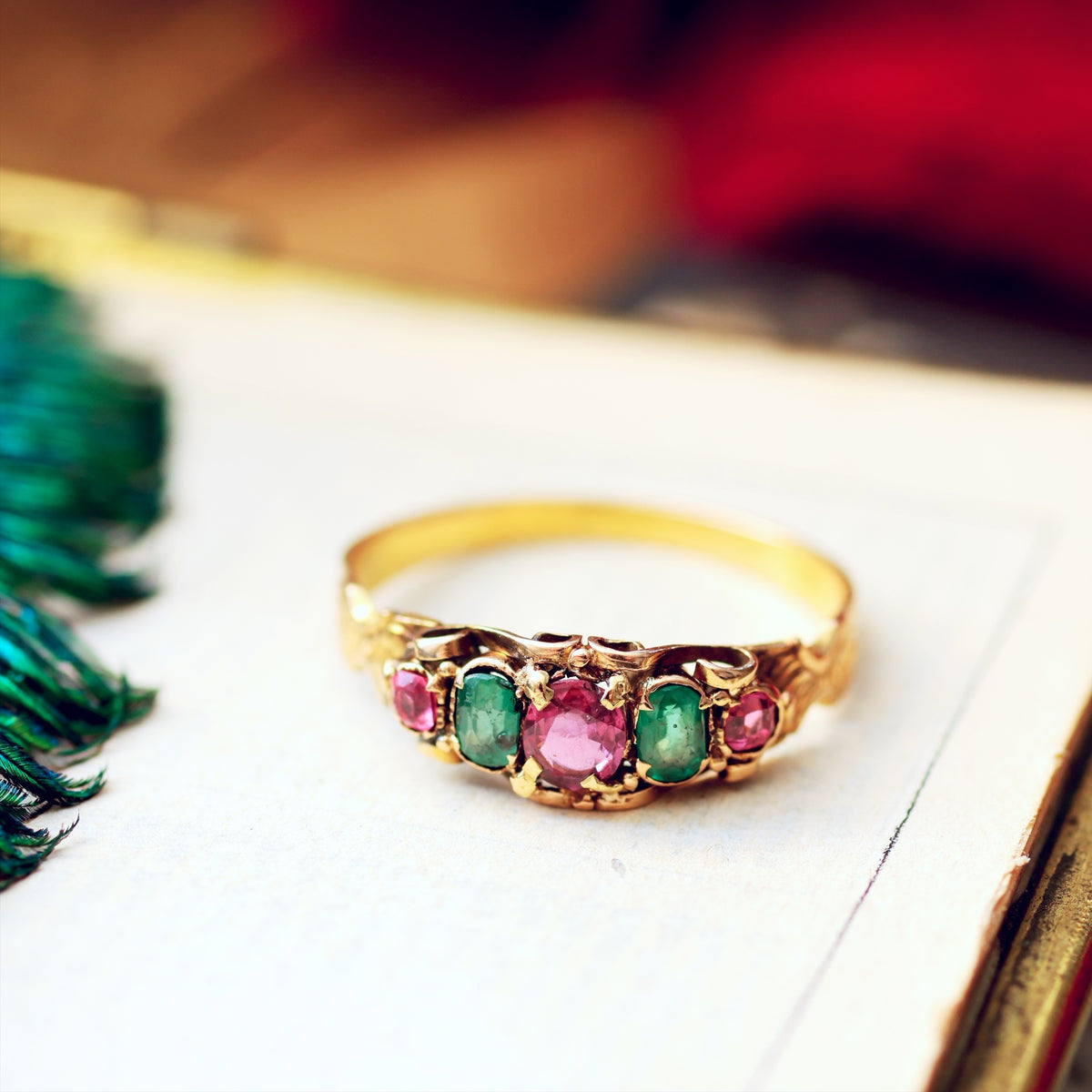 Enchanting Victorian Ruby & Emerald Canetille Ring