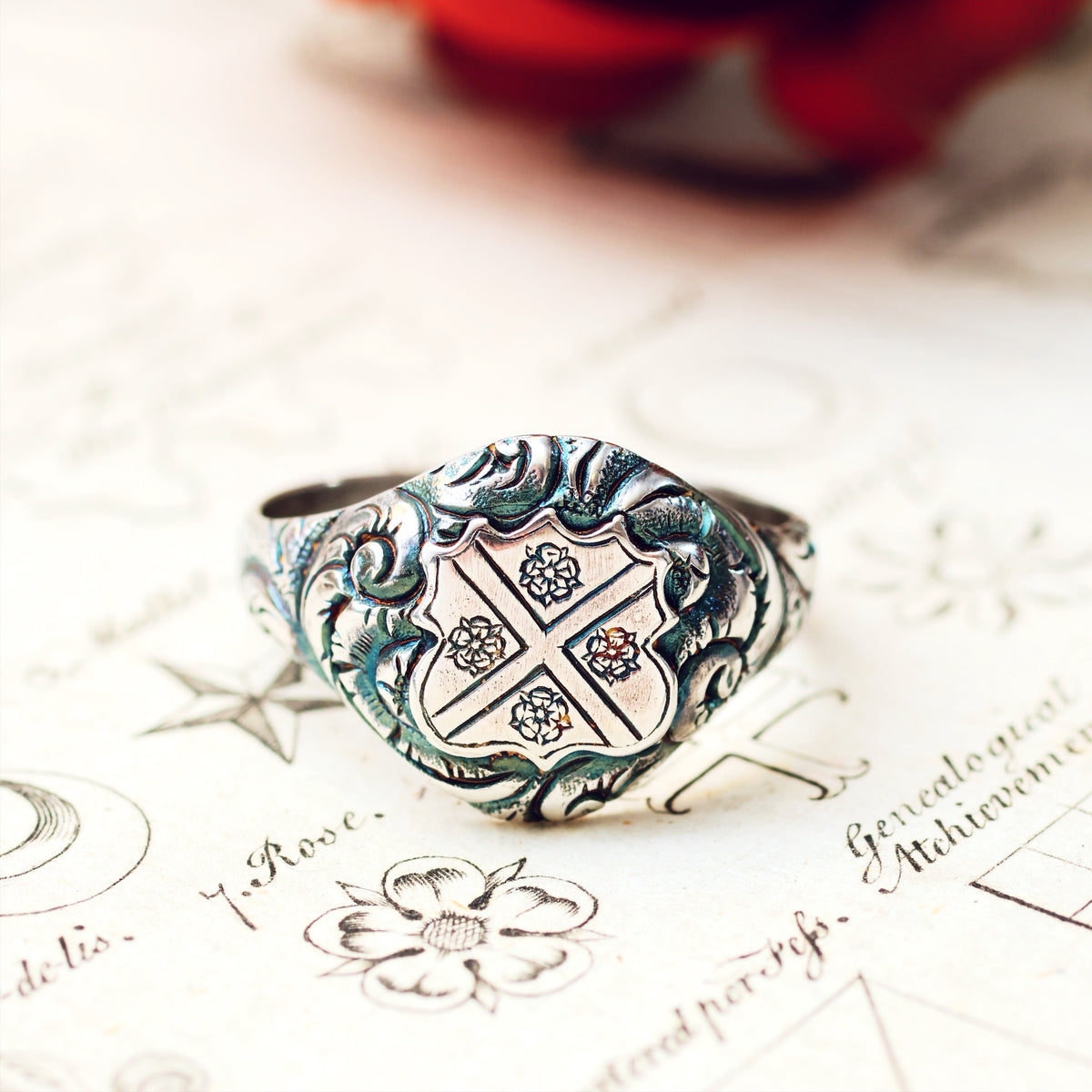 Ornate Saltire Cross & Tudor Rose Silver Signet Ring