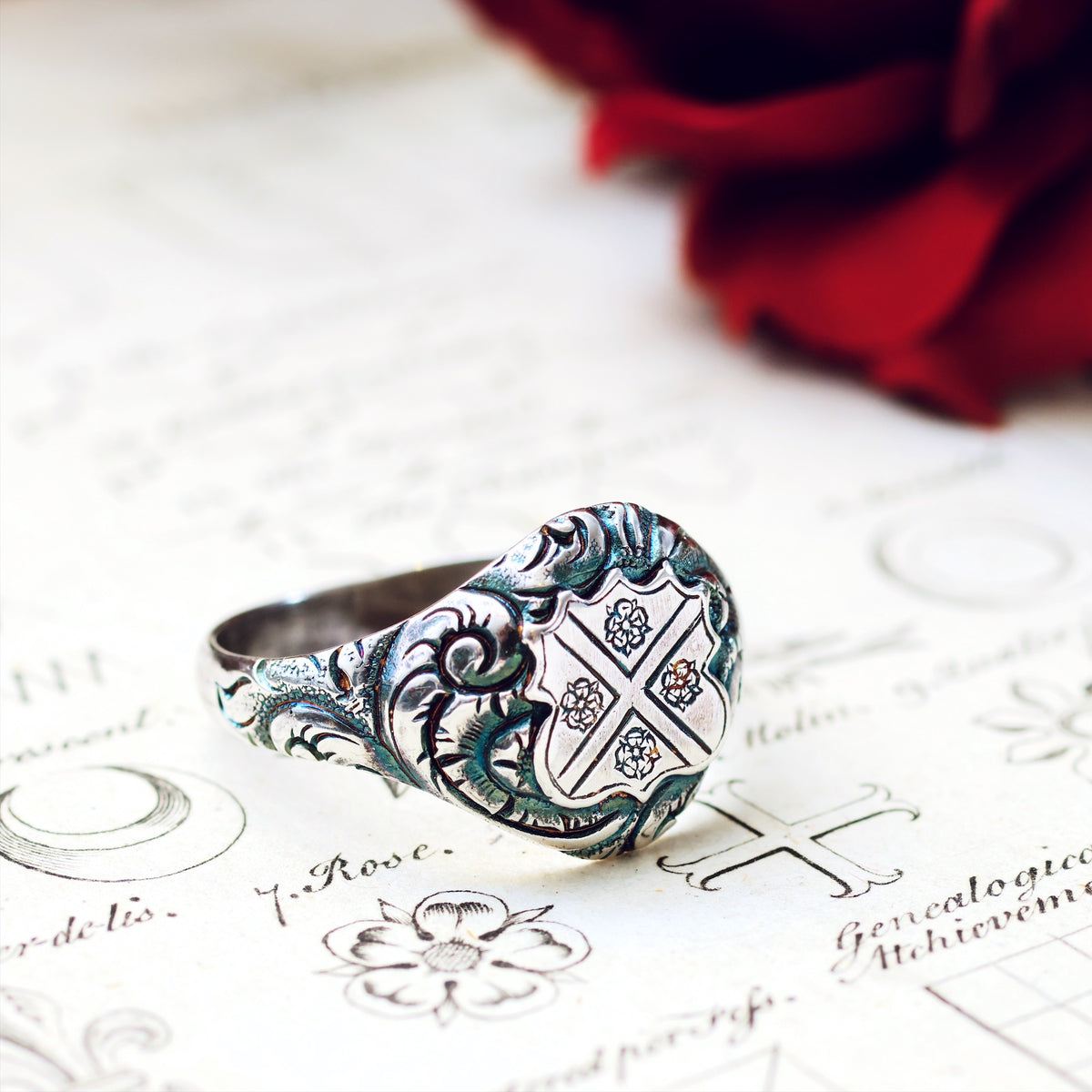 Ornate Saltire Cross & Tudor Rose Silver Signet Ring