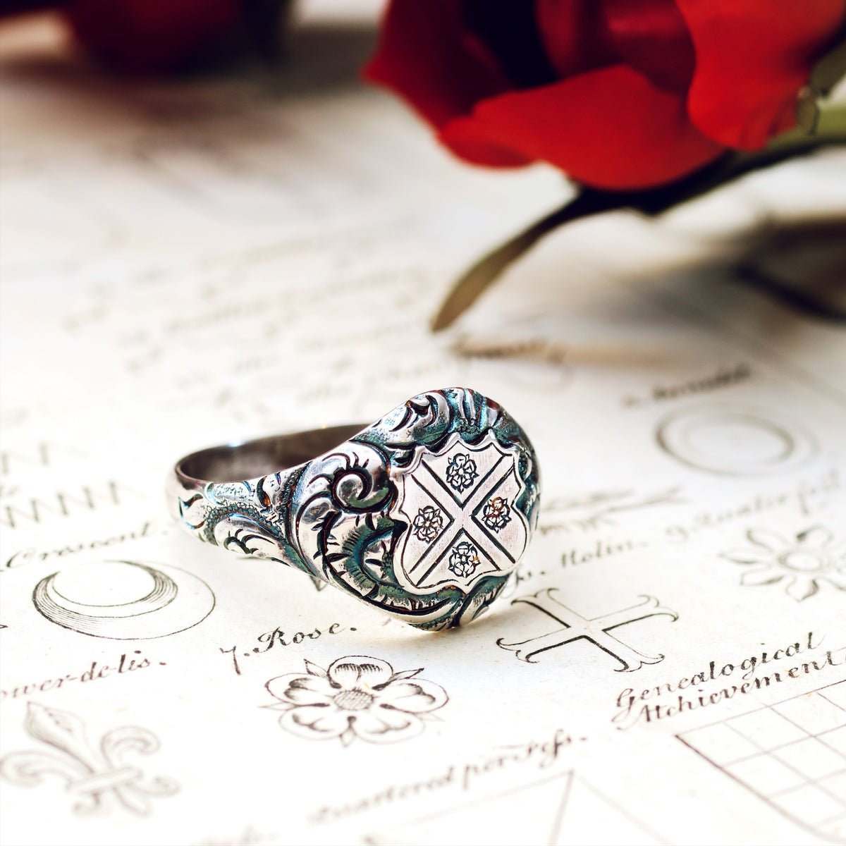 Ornate Saltire Cross & Tudor Rose Silver Signet Ring