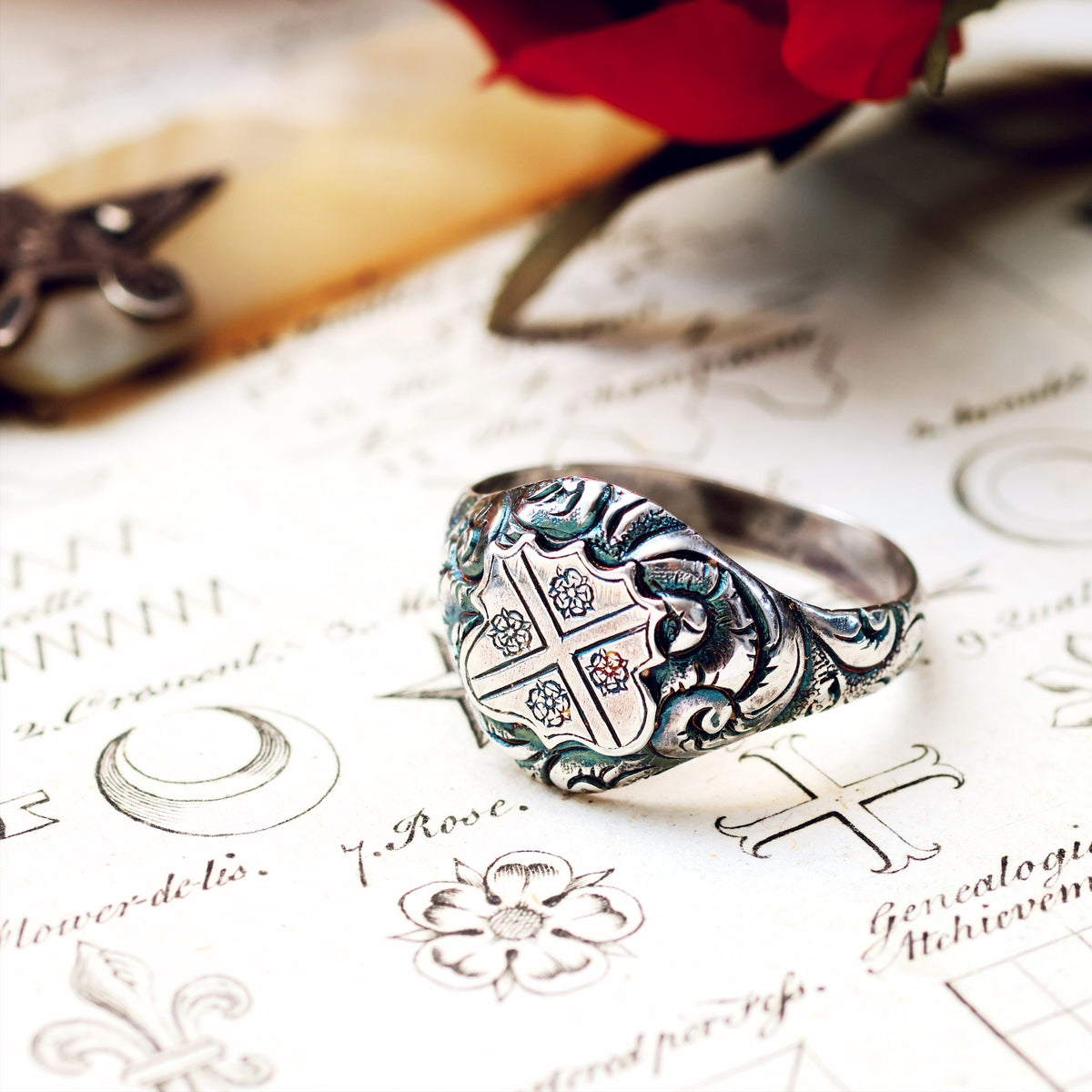 Ornate Saltire Cross & Tudor Rose Silver Signet Ring