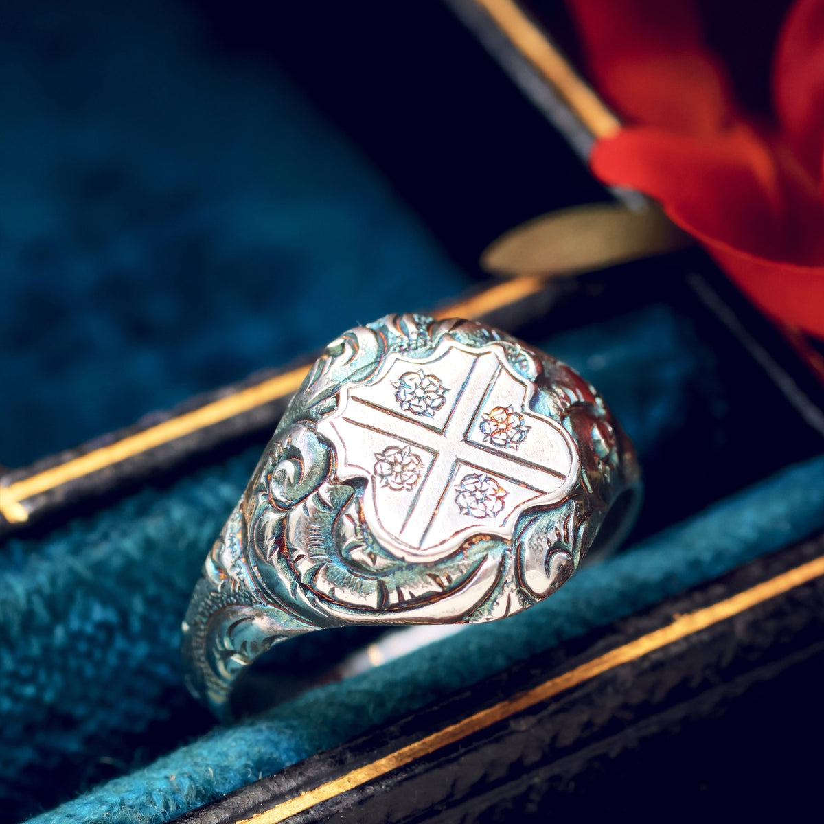 Ornate Saltire Cross & Tudor Rose Silver Signet Ring