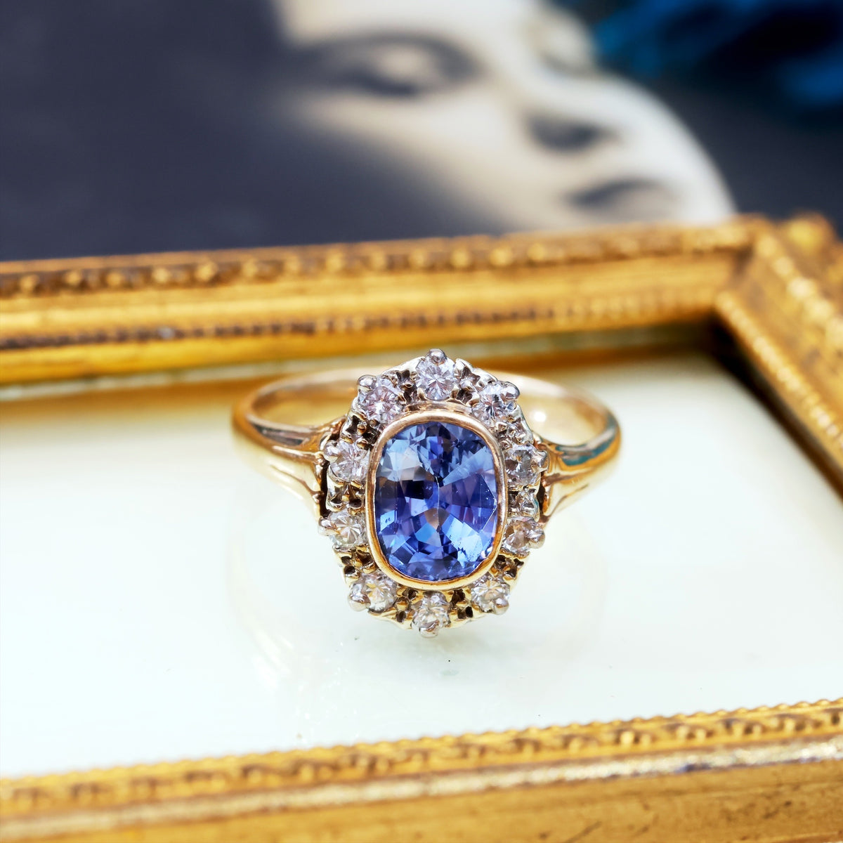 Vintage Ceylon Sapphire & Diamond Cluster Ring