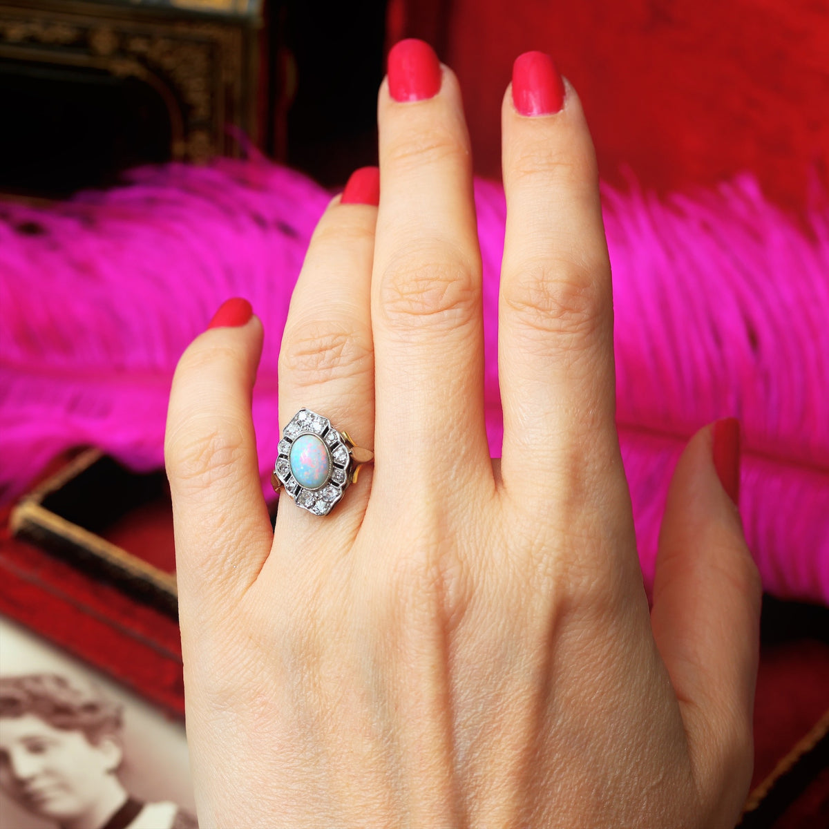 Rainbow Opal & Diamond Cluster Ring