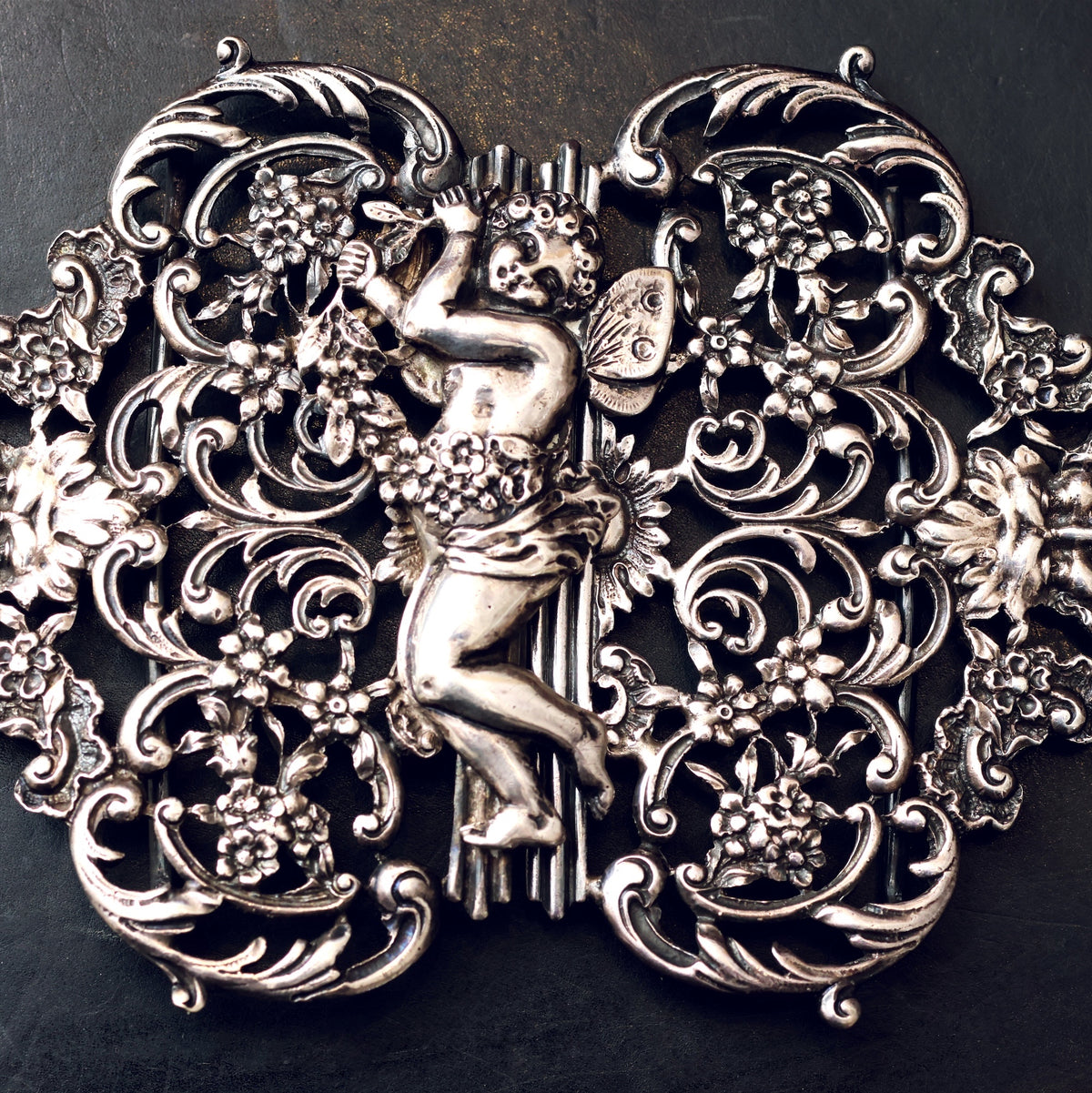 Elaborate Date 1895 Large Silver Cherub Buckle